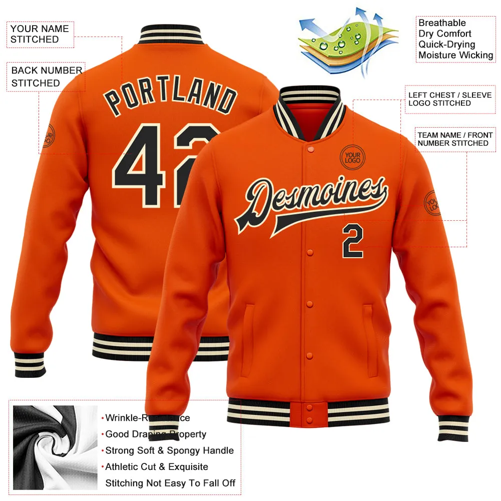 Custom Orange Black-Cream Bomber Full-Snap Varsity Letterman Jacket