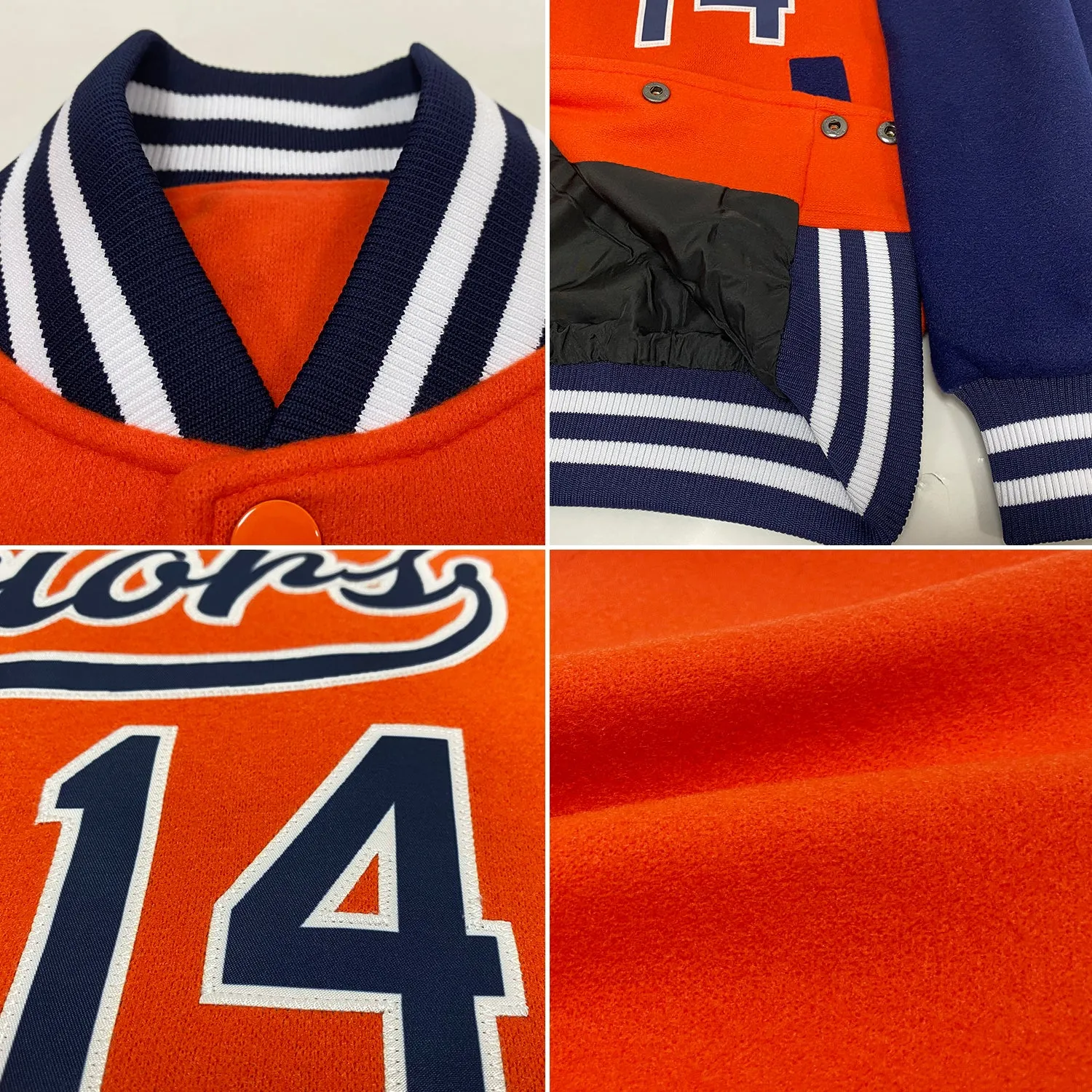 Custom Orange Navy-White Bomber Full-Snap Varsity Letterman Two Tone Jacket