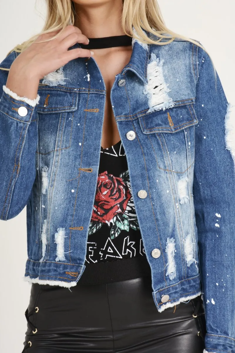 Dark Blue Splash Detail Denim Jacket - Billie