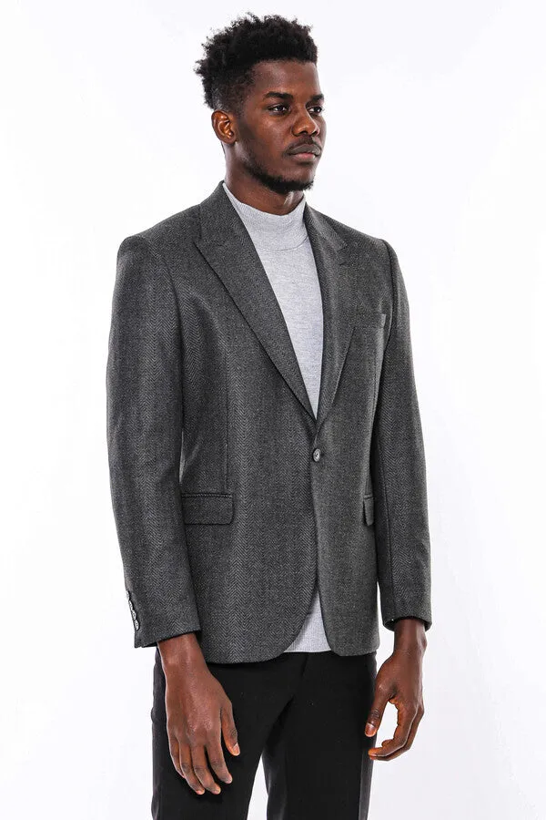 Dark Grey Patterned Slim Fit Blazer - Wessi