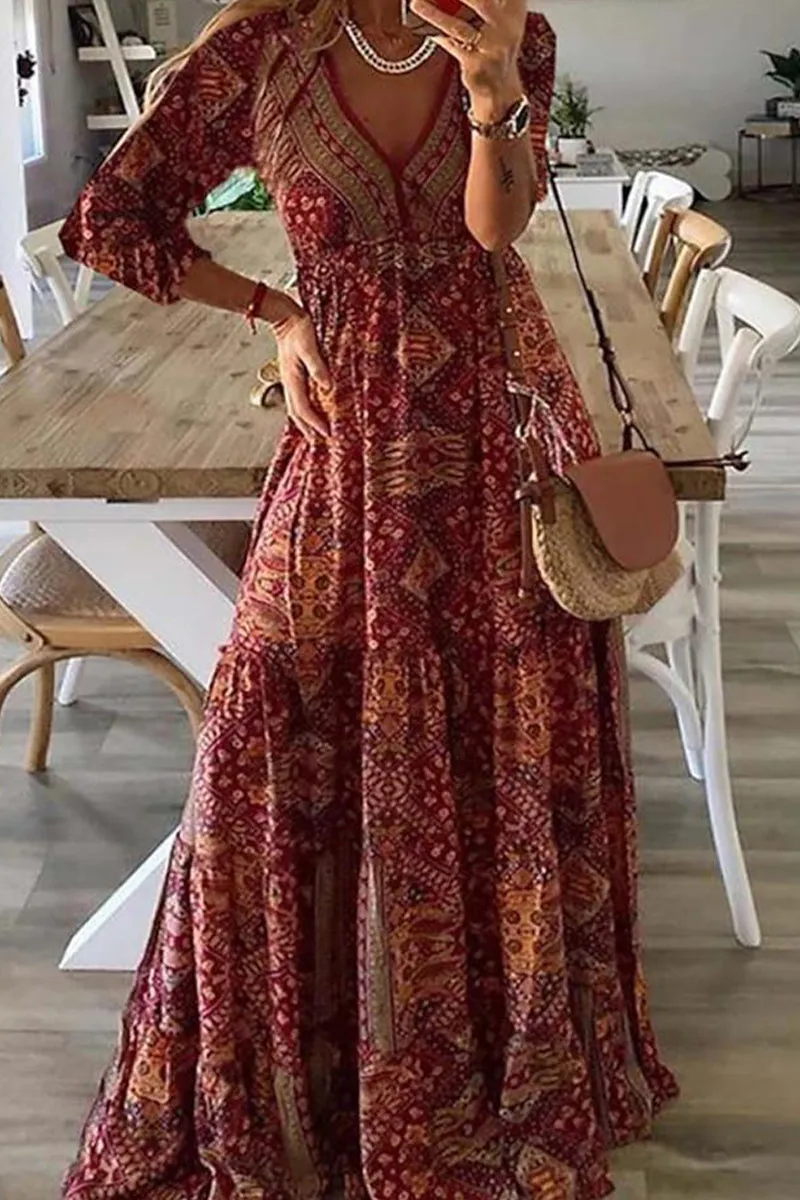 Elegant College Geometric Printing V Neck Long Sleeve Dresses