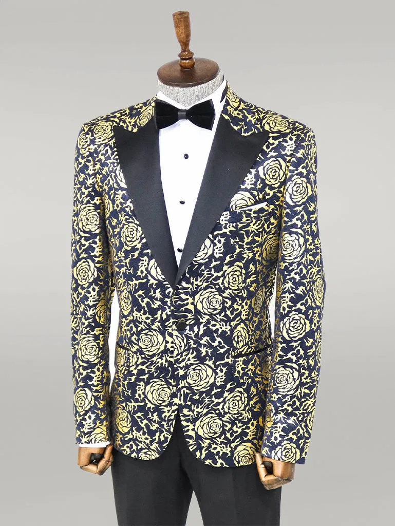 Gold Rose Patterned Slim Fit Navy Blue Men Party Blazer - Wessi