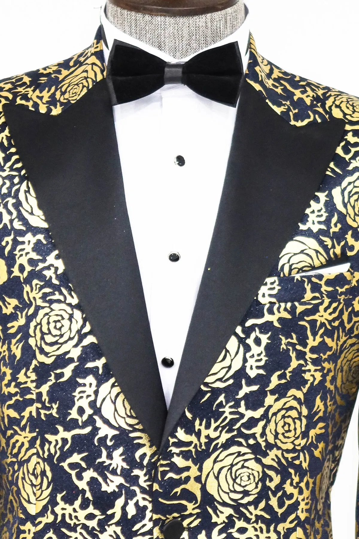 Gold Rose Patterned Slim Fit Navy Blue Men Party Blazer - Wessi