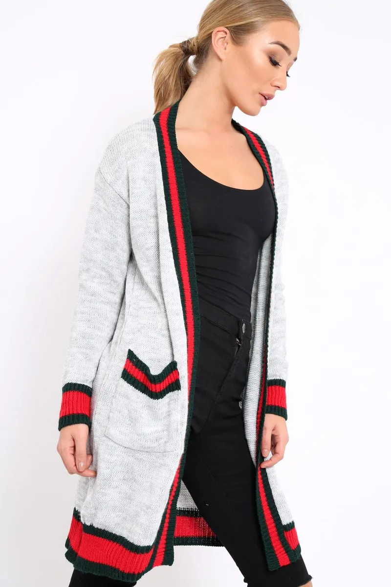 Grey knitted Cardigan with Striped Trim - Ivy