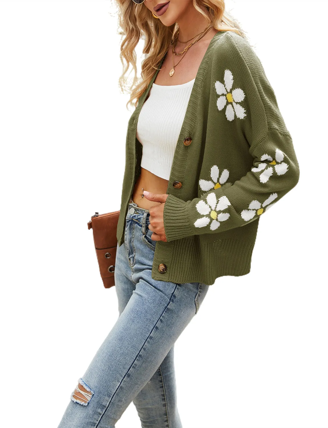 iB-iP Women's Loose Cozy Casual Long Sleeve Sweater Top Short Floral Cardigan