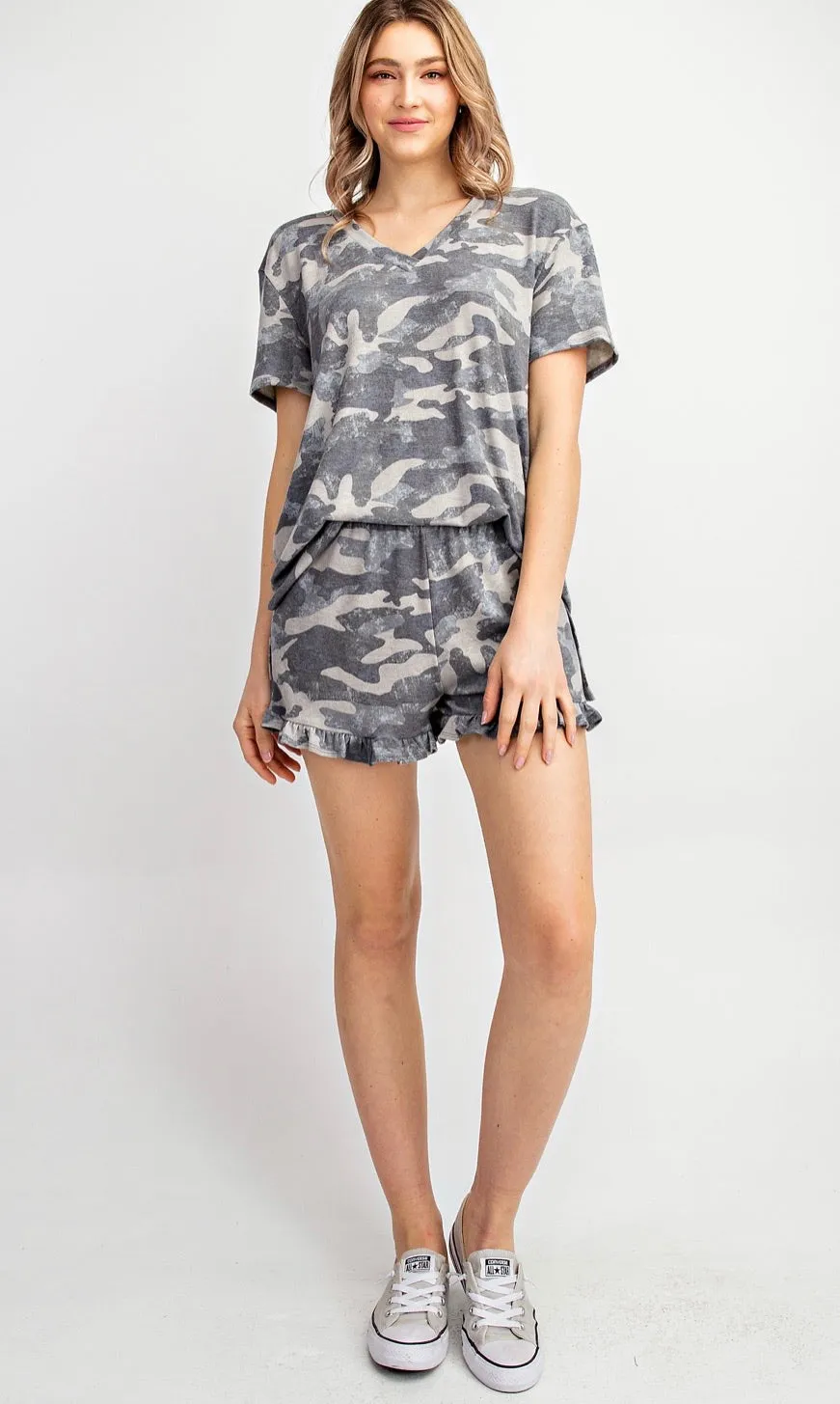 Jenna in Camo Ruffled Shorts