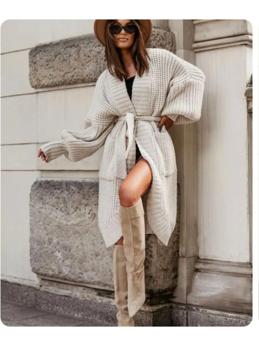 Longline Belted Knitted Cardigan | Beige