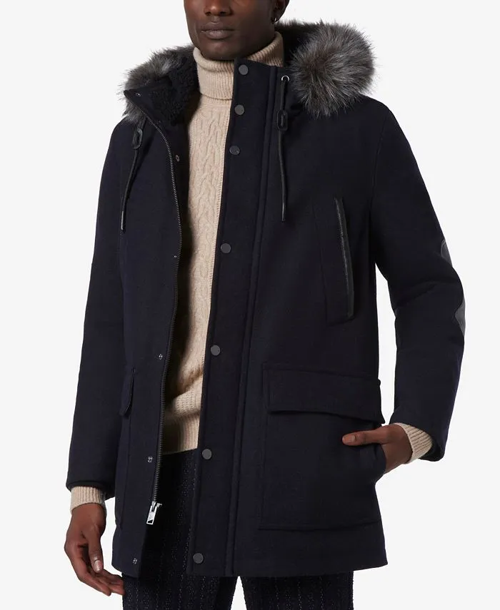 Men's Dawson Faux Leather Hooded Parka & Marc New York faux fur trim ,  blue