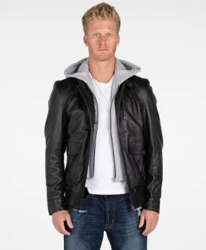 Men's Lambskin Hooded Leather Bomber Jacket - Clearance