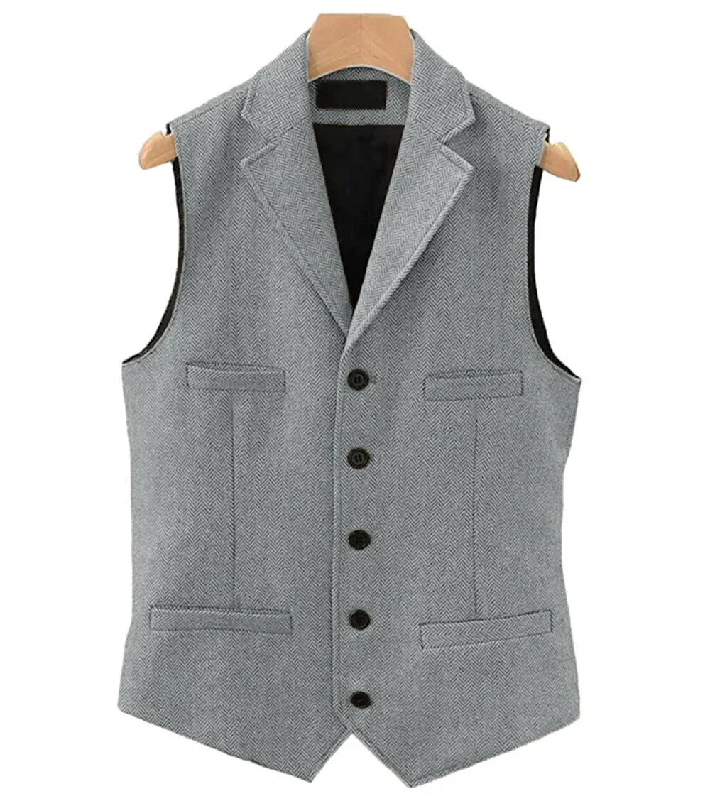 Men's Wool Tweed Vest Classic Brown Suit Waistcoat