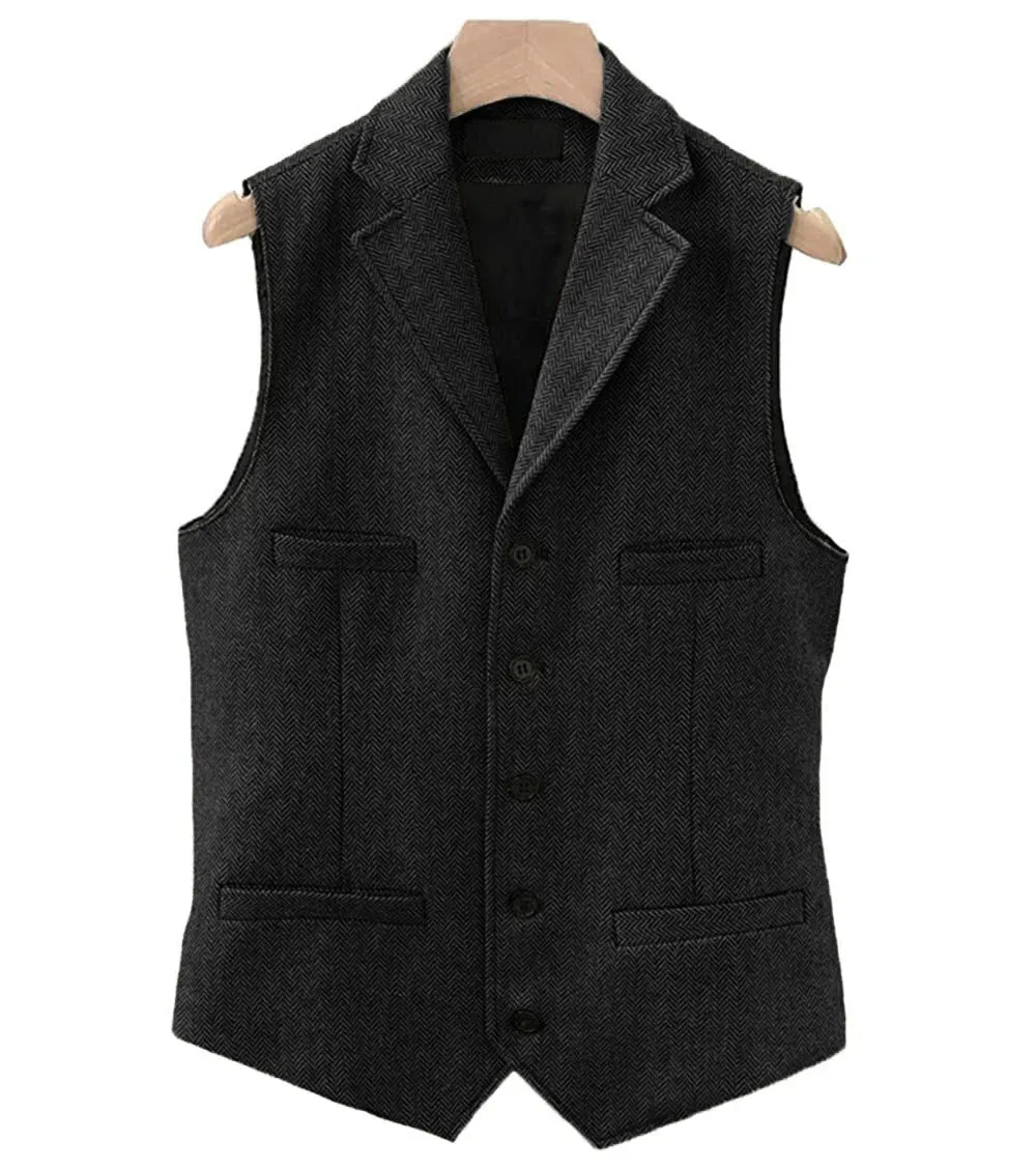 Men's Wool Tweed Vest Classic Brown Suit Waistcoat