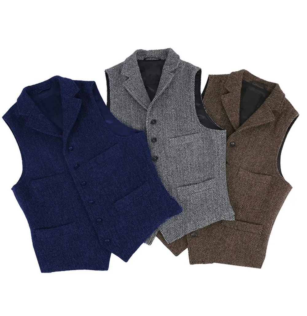 Men's Wool Tweed Vest Classic Brown Suit Waistcoat