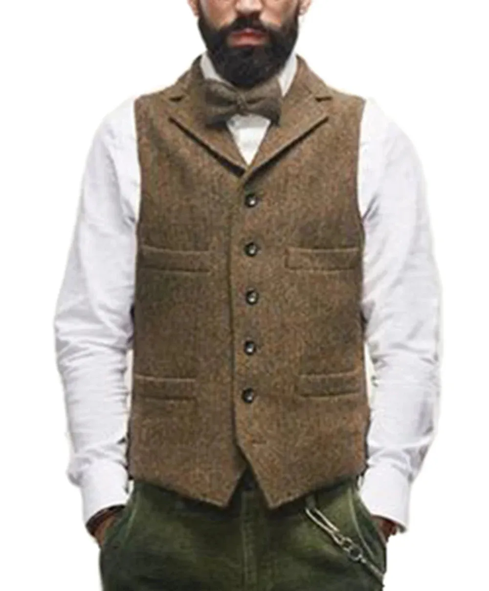 Men's Wool Tweed Vest Classic Brown Suit Waistcoat