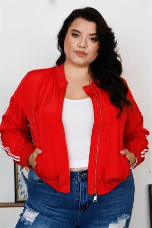 Plus Size Red & White Retro Le Mans Stripe Trim Sporty Windbreaker Bomber Jacket