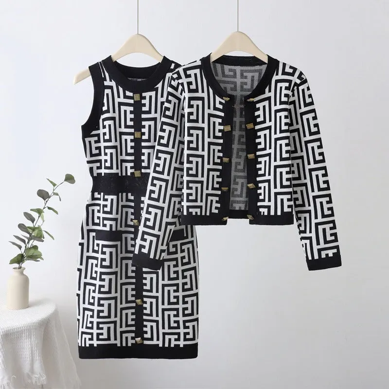 Pre Order:  Maze Gold Button Dress Cardigan Set