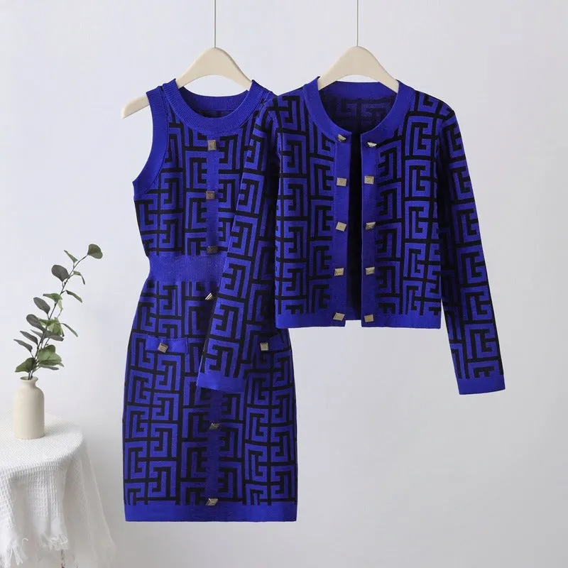 Pre Order:  Maze Gold Button Dress Cardigan Set