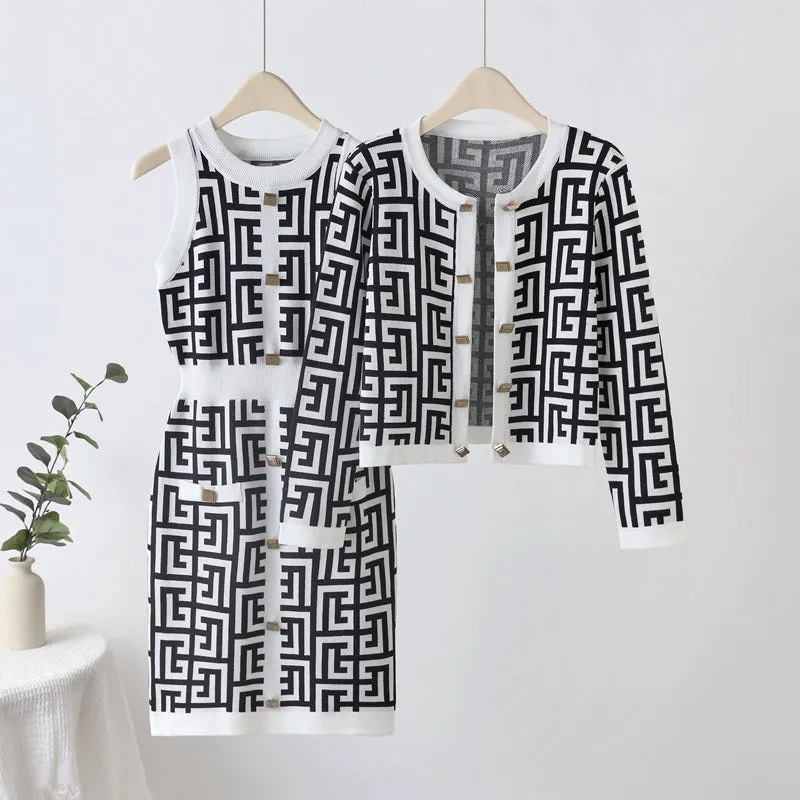 Pre Order:  Maze Gold Button Dress Cardigan Set