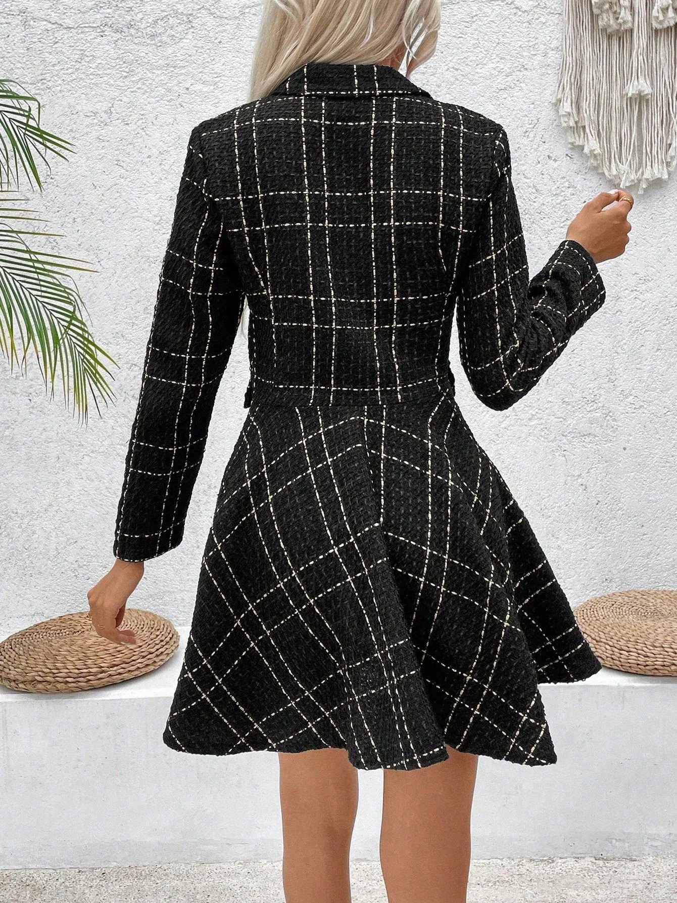 Privé Women Lapel Plaid Double-Breasted Long Sleeve Elegant Commuter Dress, Spring & Fall