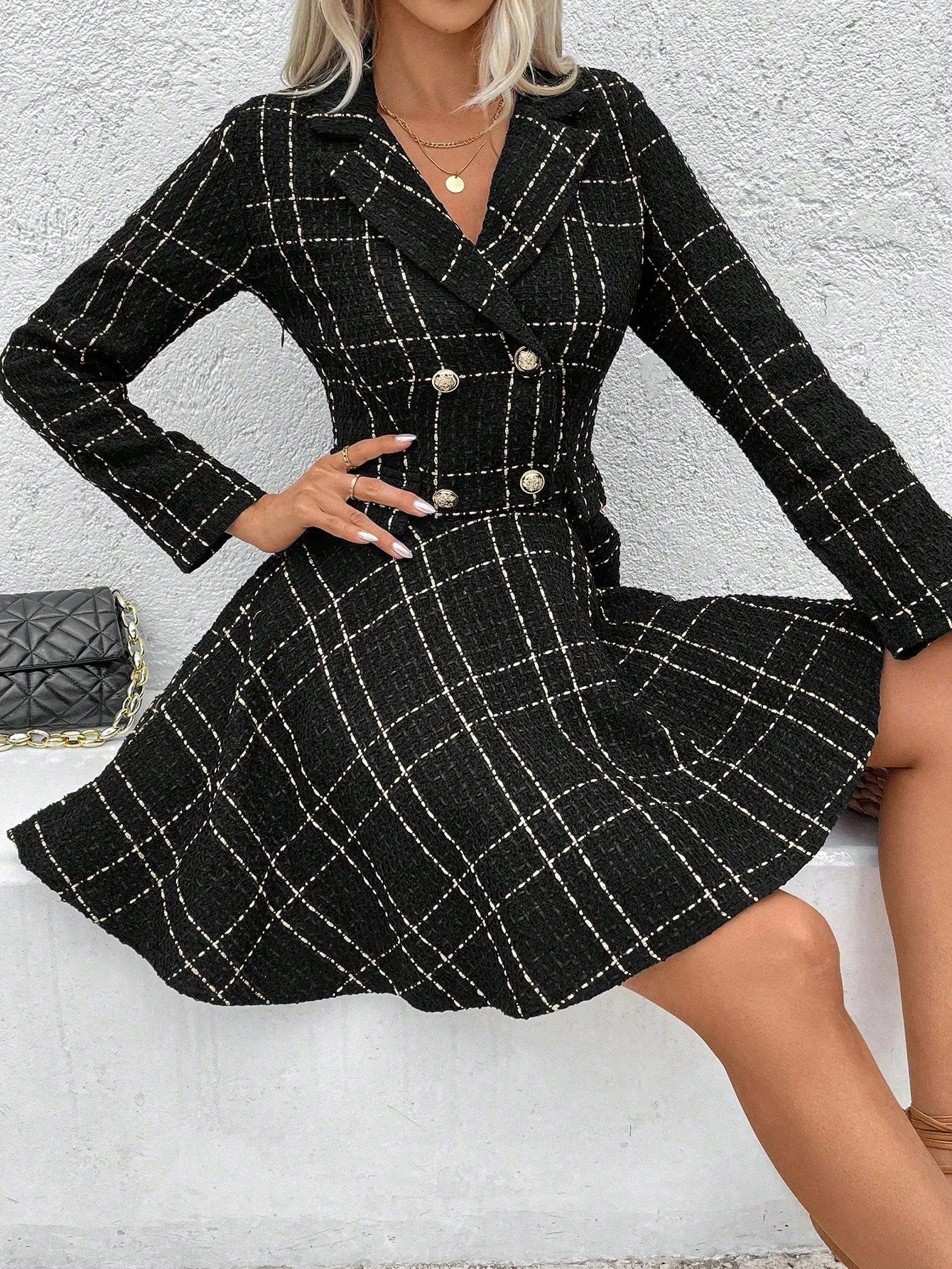 Privé Women Lapel Plaid Double-Breasted Long Sleeve Elegant Commuter Dress, Spring & Fall