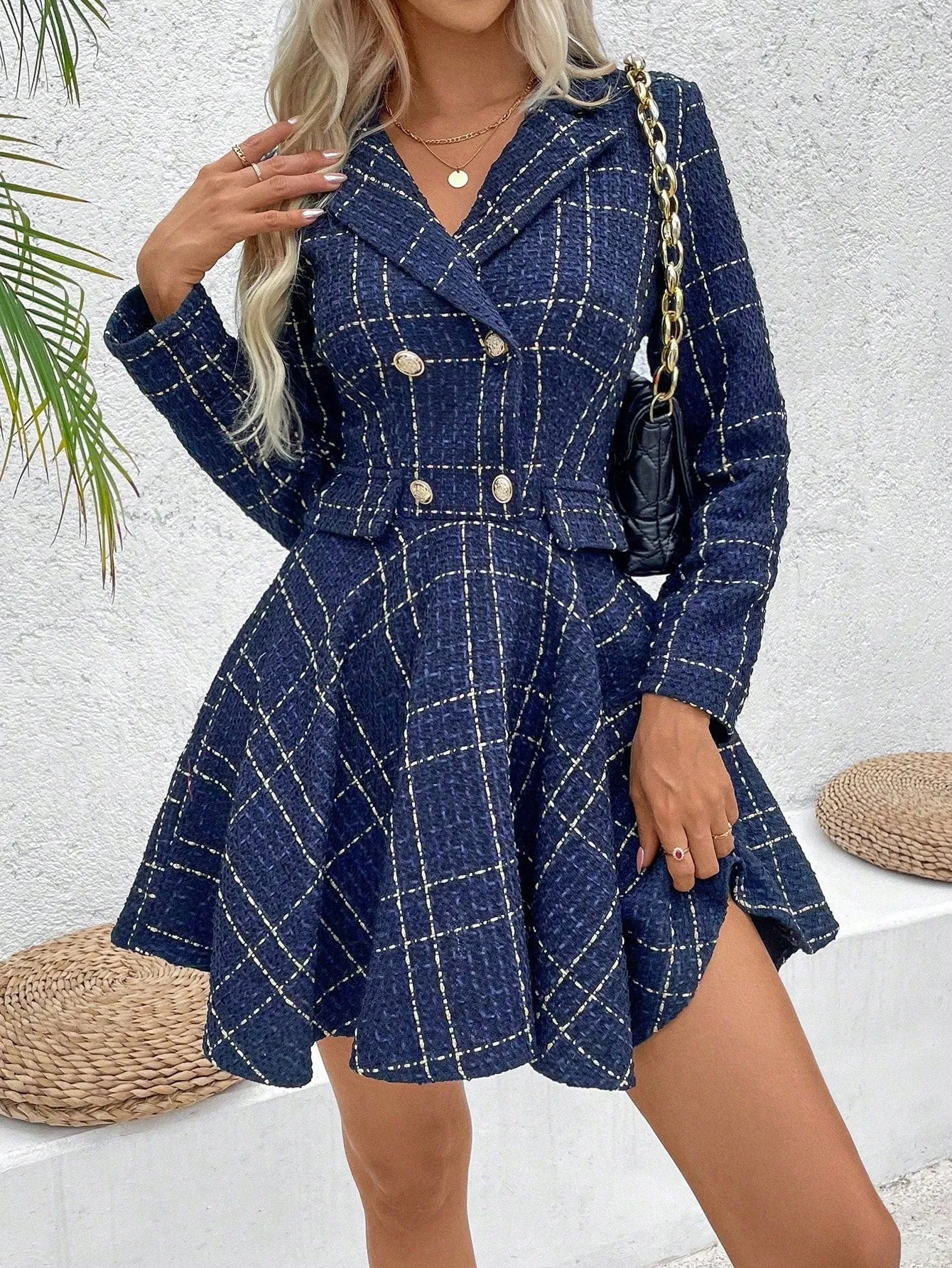 Privé Women Lapel Plaid Double-Breasted Long Sleeve Elegant Commuter Dress, Spring & Fall