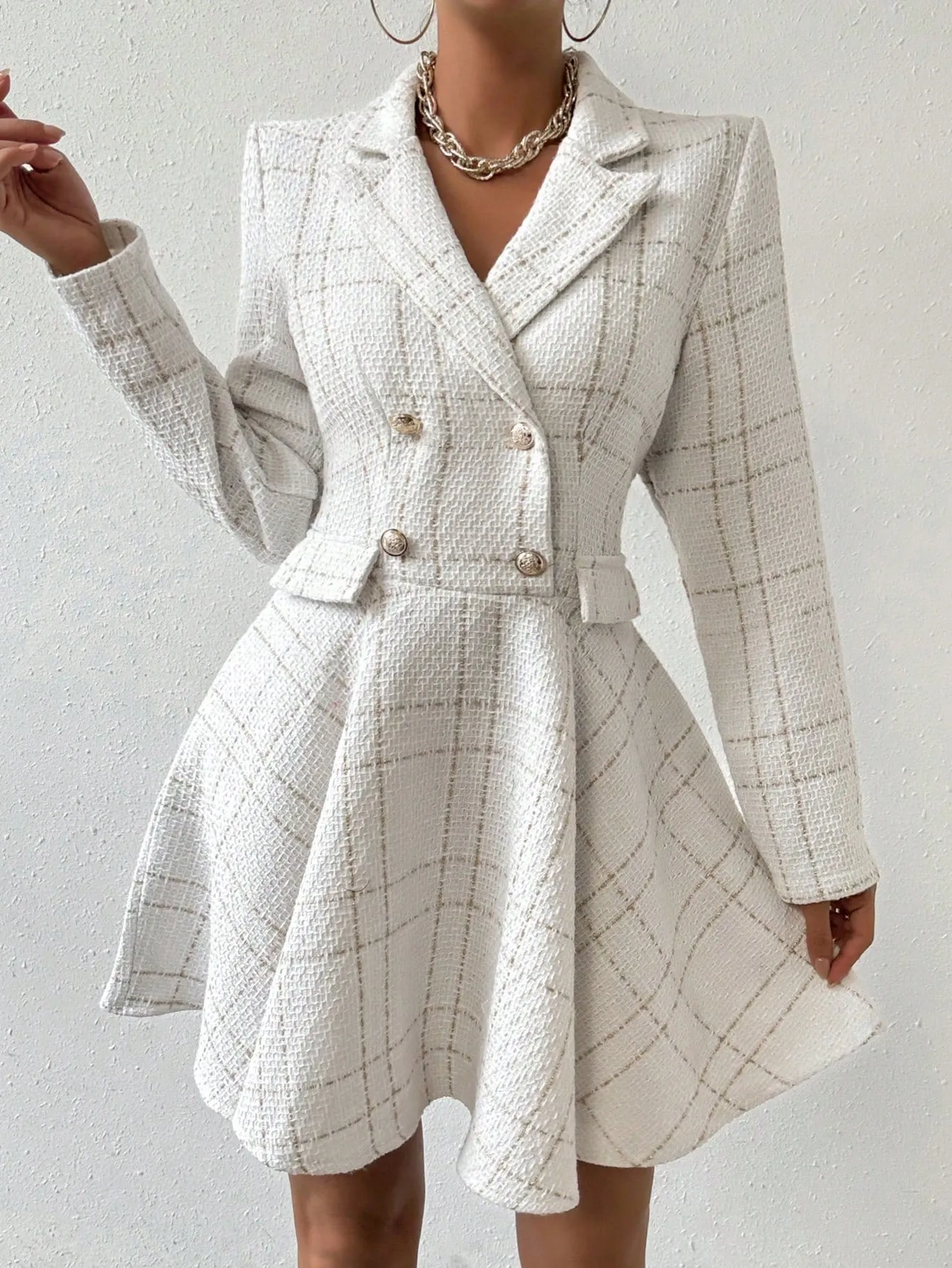 Privé Women Lapel Plaid Double-Breasted Long Sleeve Elegant Commuter Dress, Spring & Fall