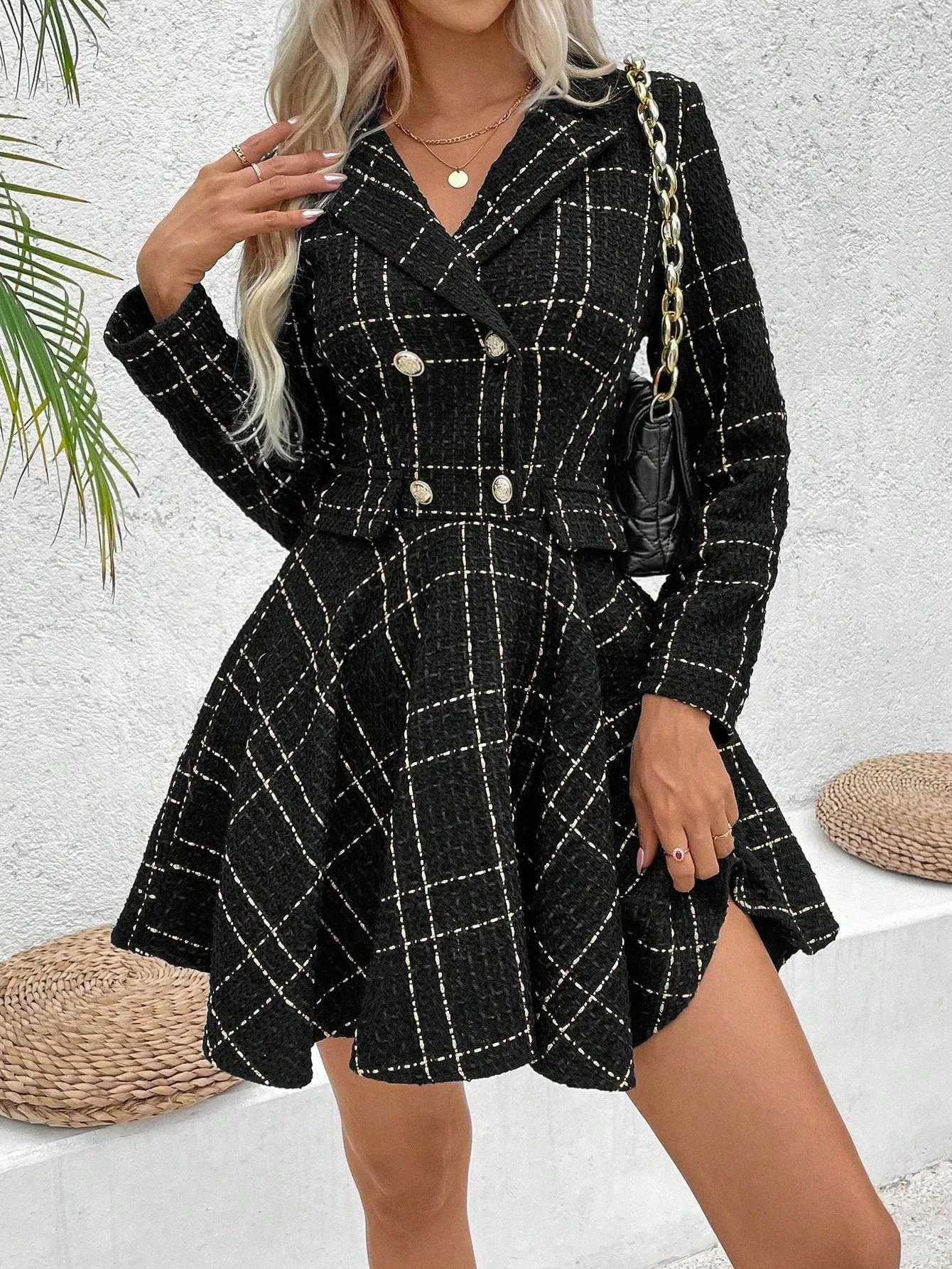 Privé Women Lapel Plaid Double-Breasted Long Sleeve Elegant Commuter Dress, Spring & Fall