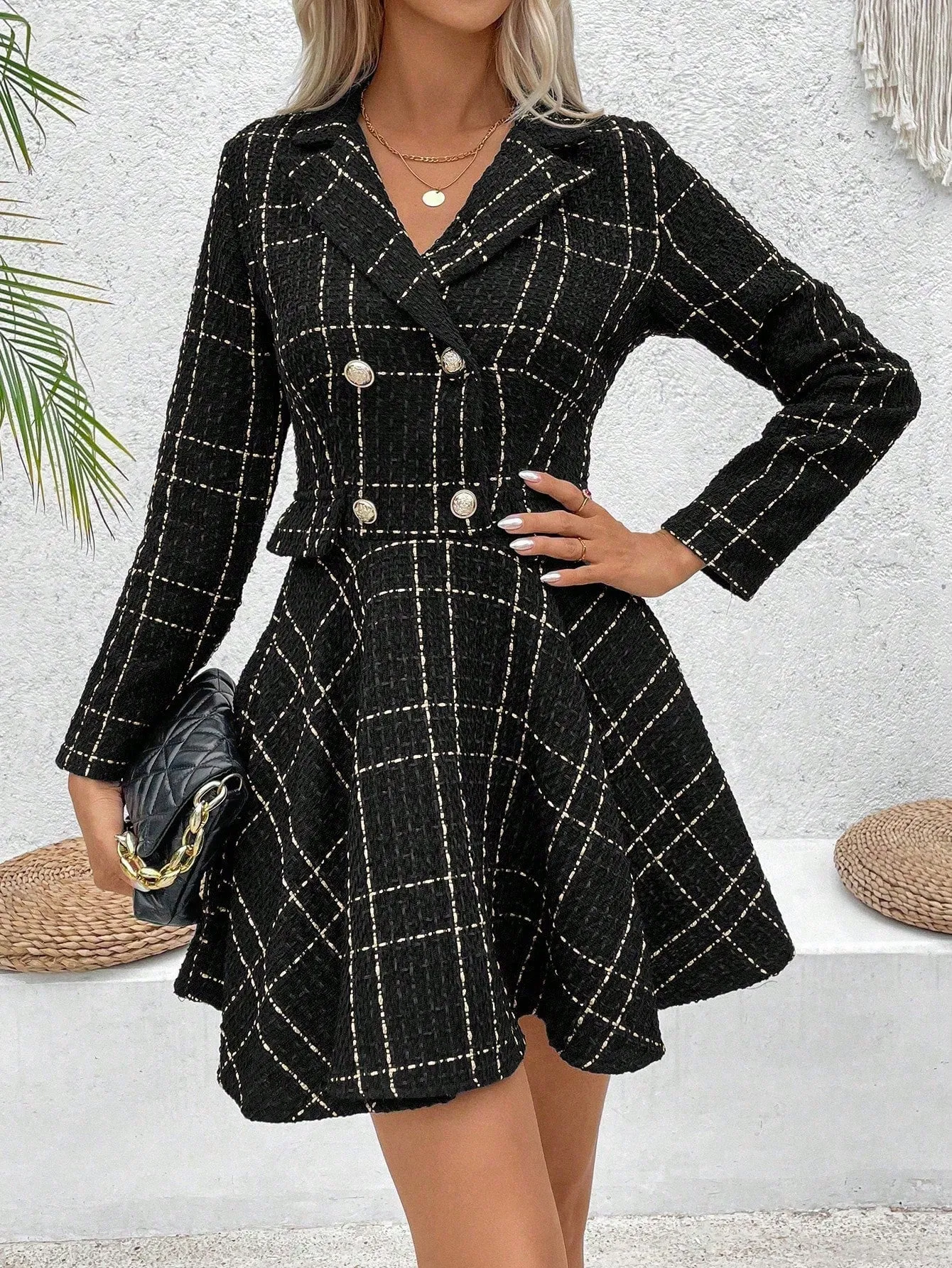 Privé Women Lapel Plaid Double-Breasted Long Sleeve Elegant Commuter Dress, Spring & Fall