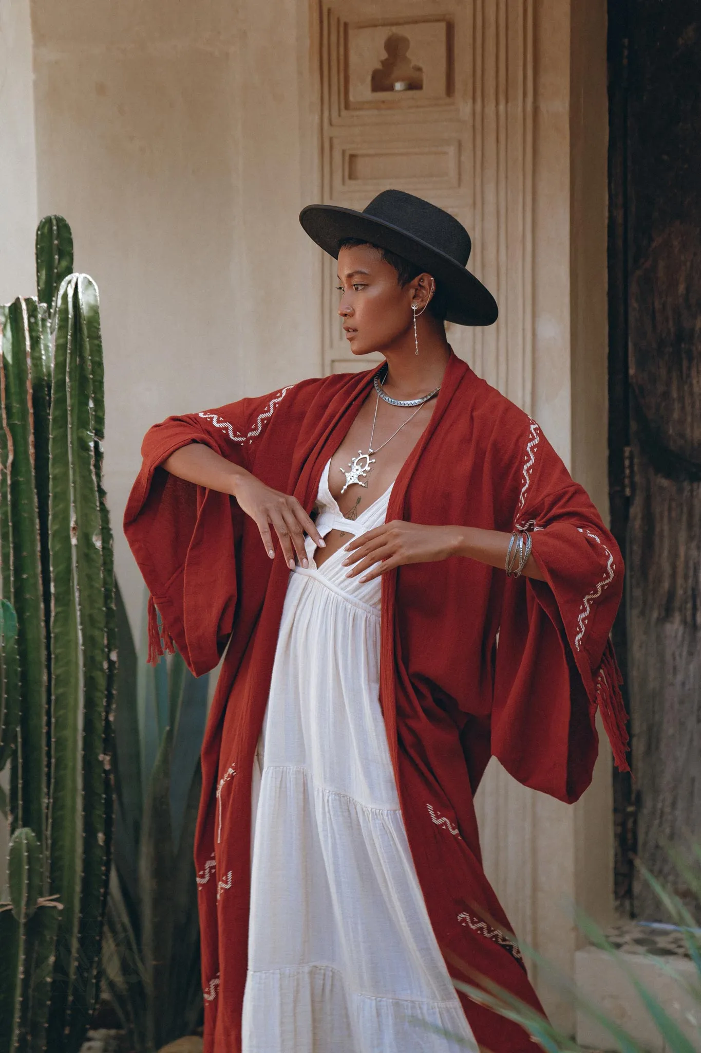 Red Organic Poncho Cape • Boho Cardigan Women • Cotton Kimono Cover Up