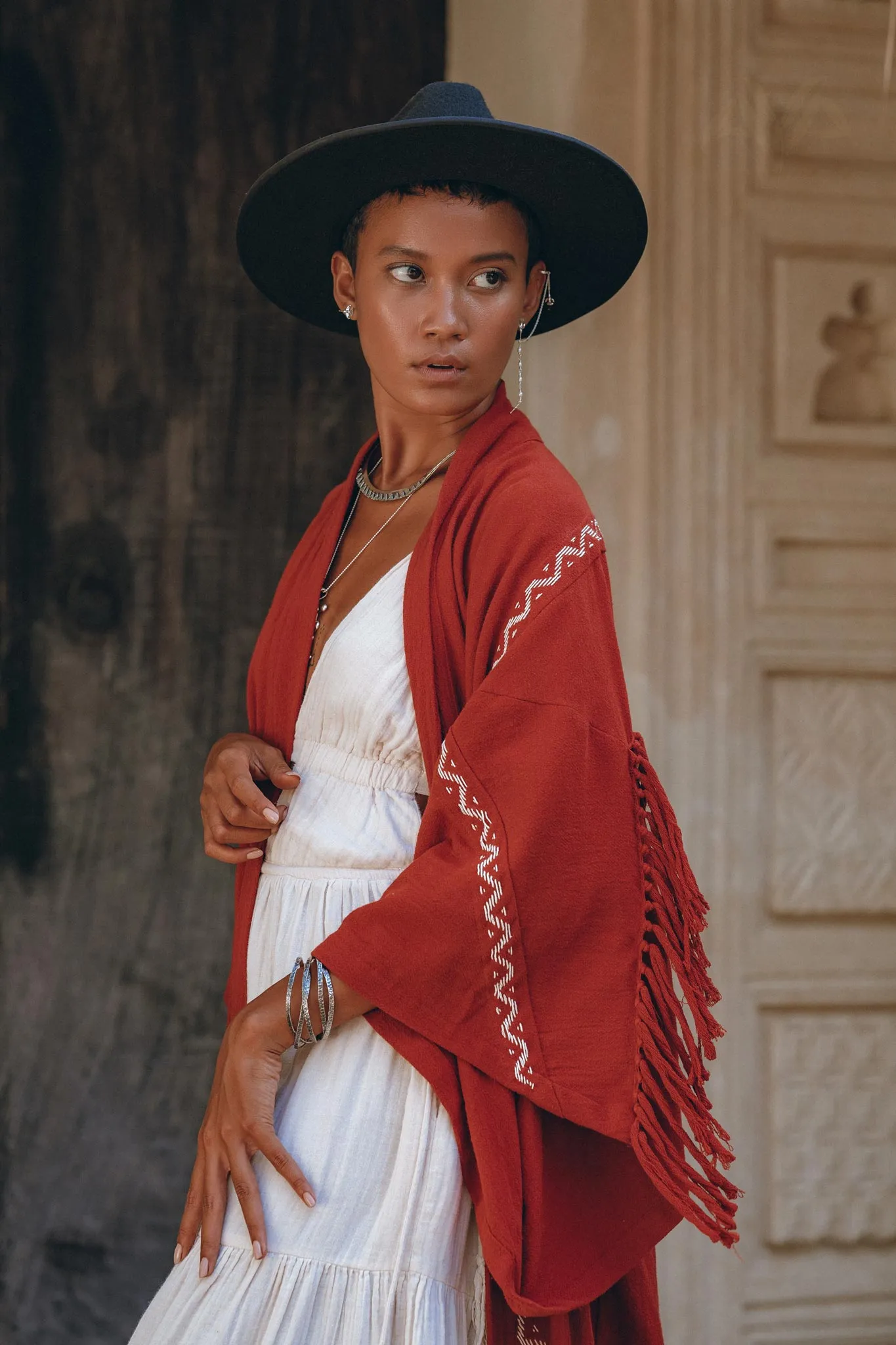 Red Organic Poncho Cape • Boho Cardigan Women • Cotton Kimono Cover Up