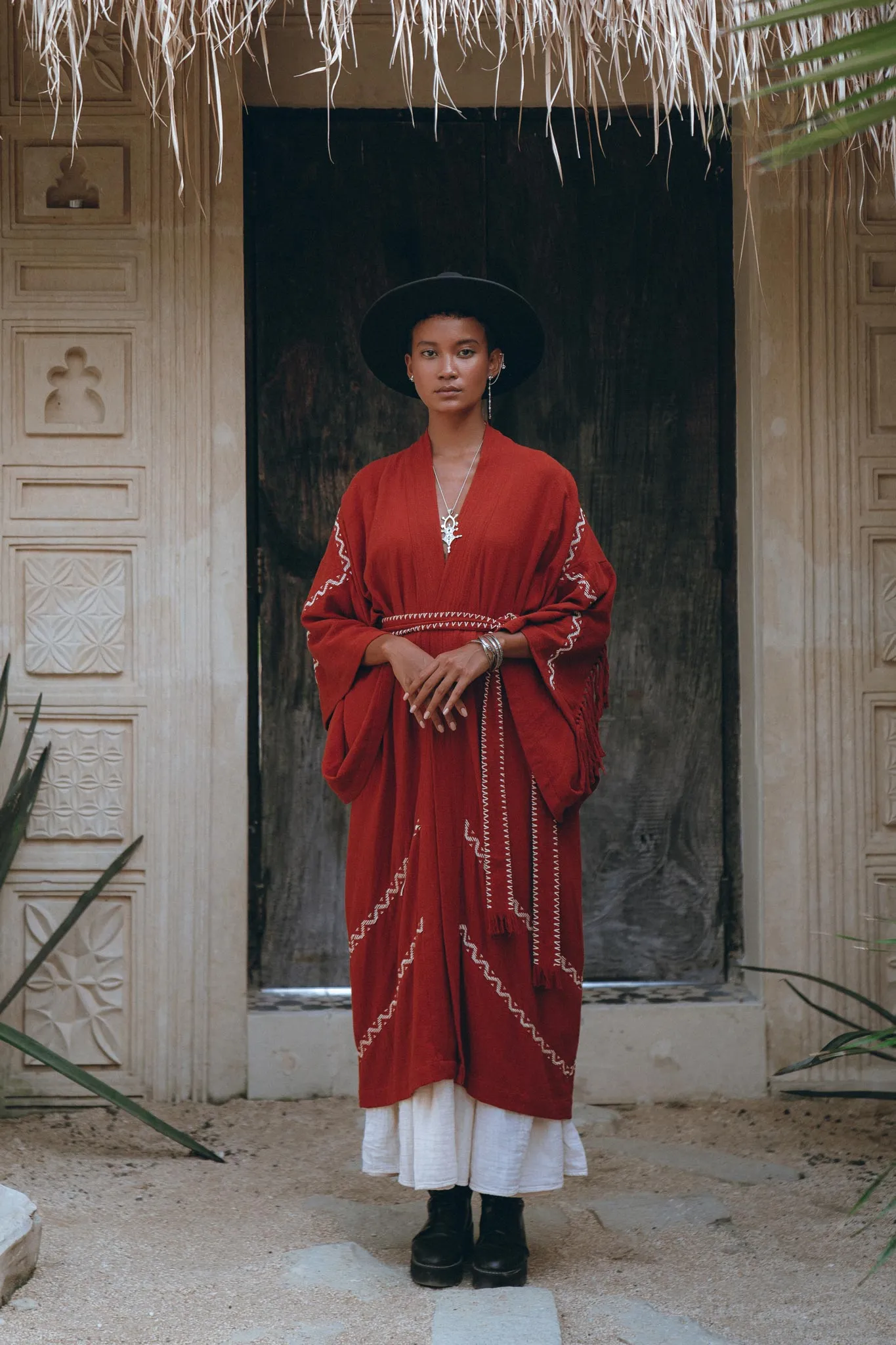 Red Organic Poncho Cape • Boho Cardigan Women • Cotton Kimono Cover Up