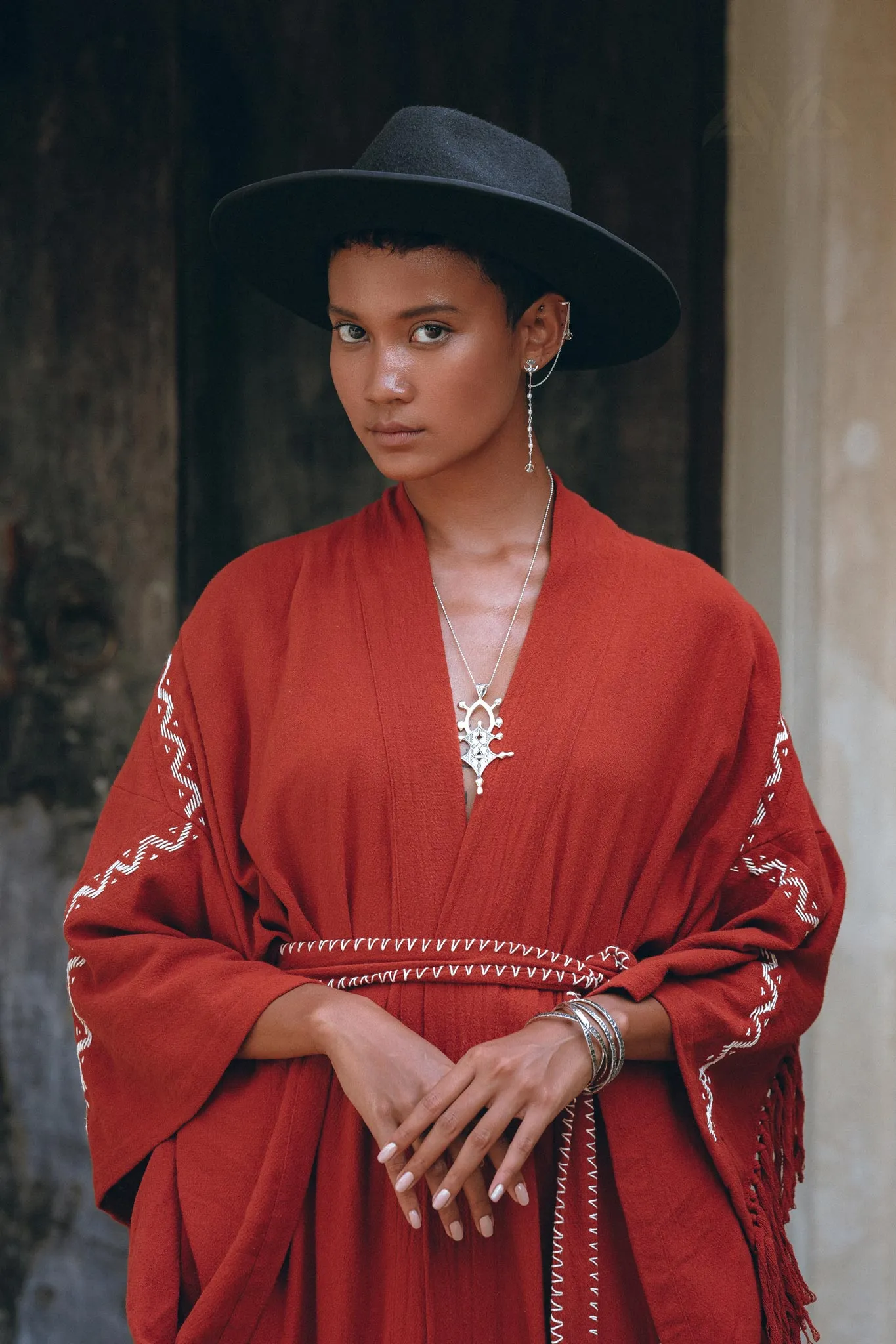 Red Organic Poncho Cape • Boho Cardigan Women • Cotton Kimono Cover Up