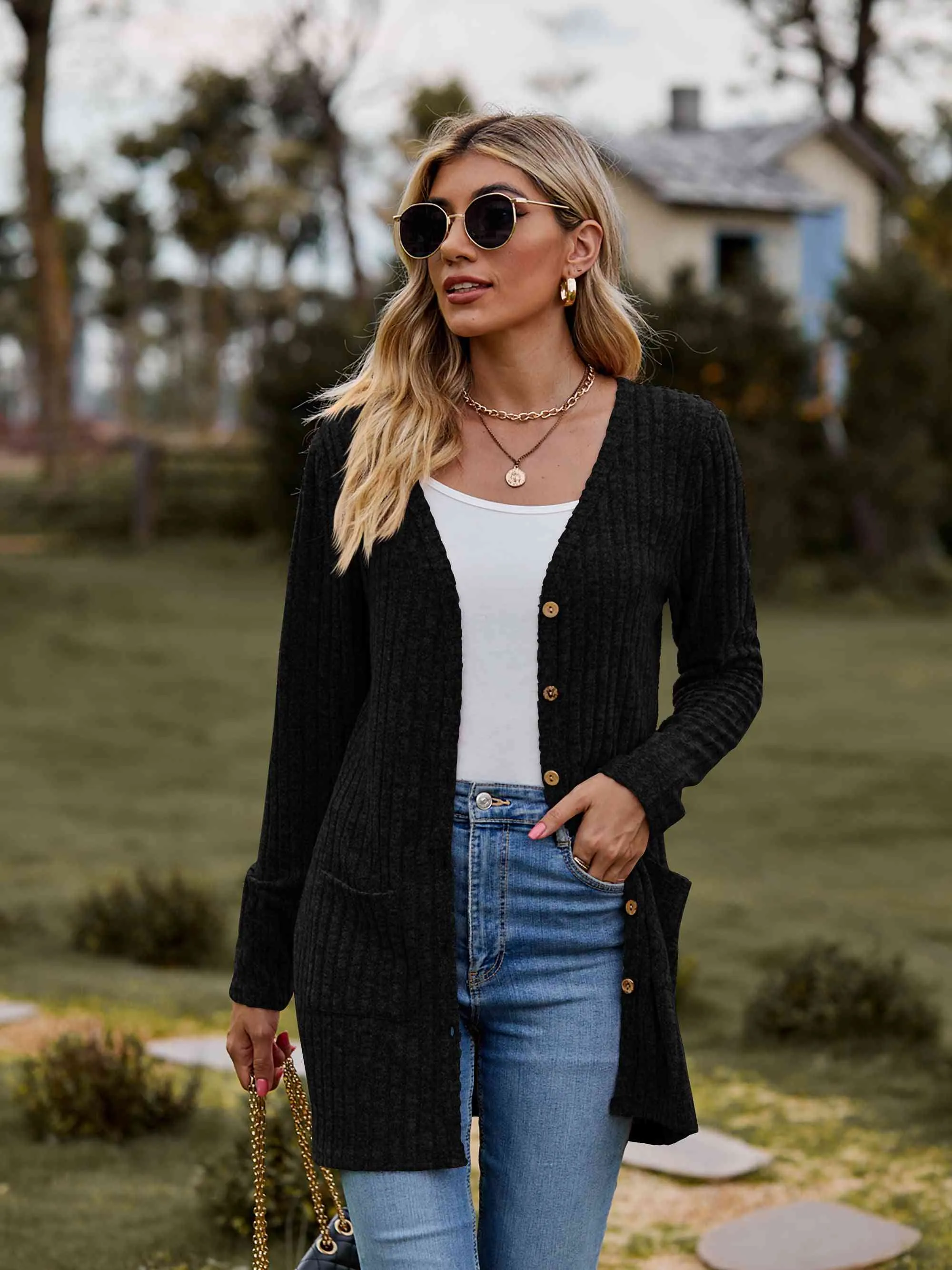 Ribbed Button-Up Cardigan with Pockets