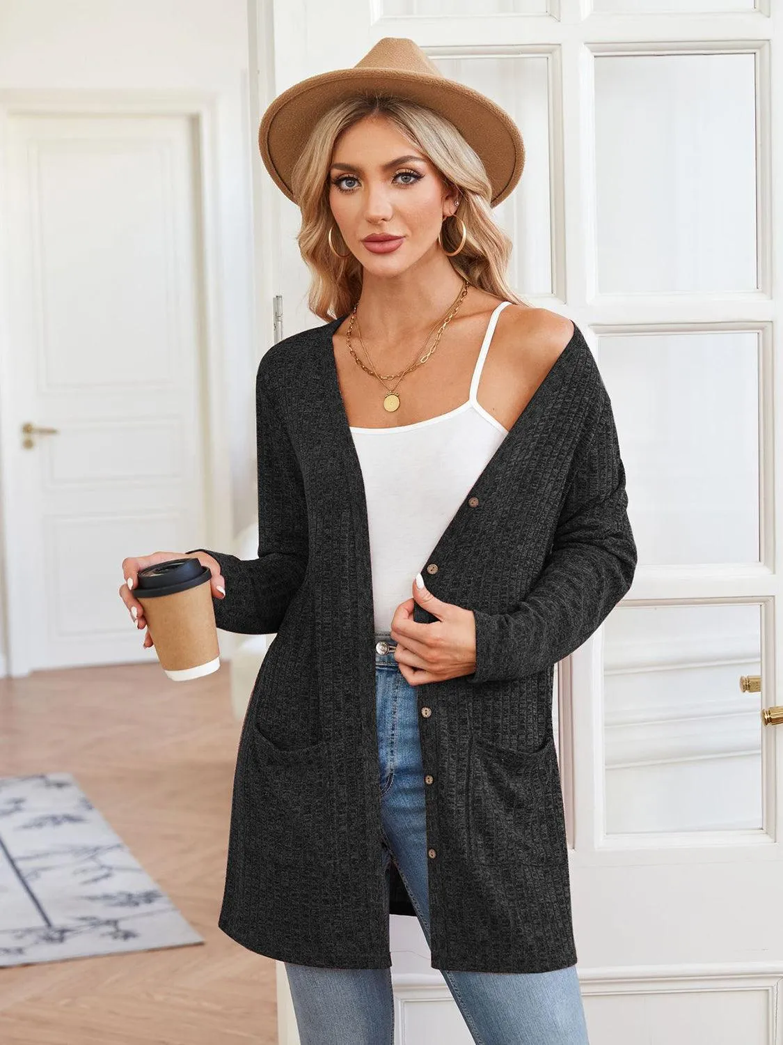 Ribbed Button Up Cardigan with Pockets