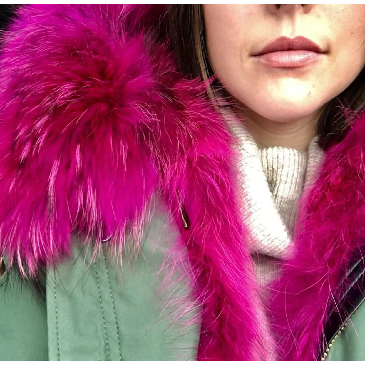 Rose Pink Fur Green Parka