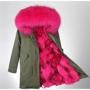 Rose Pink Fur Green Parka