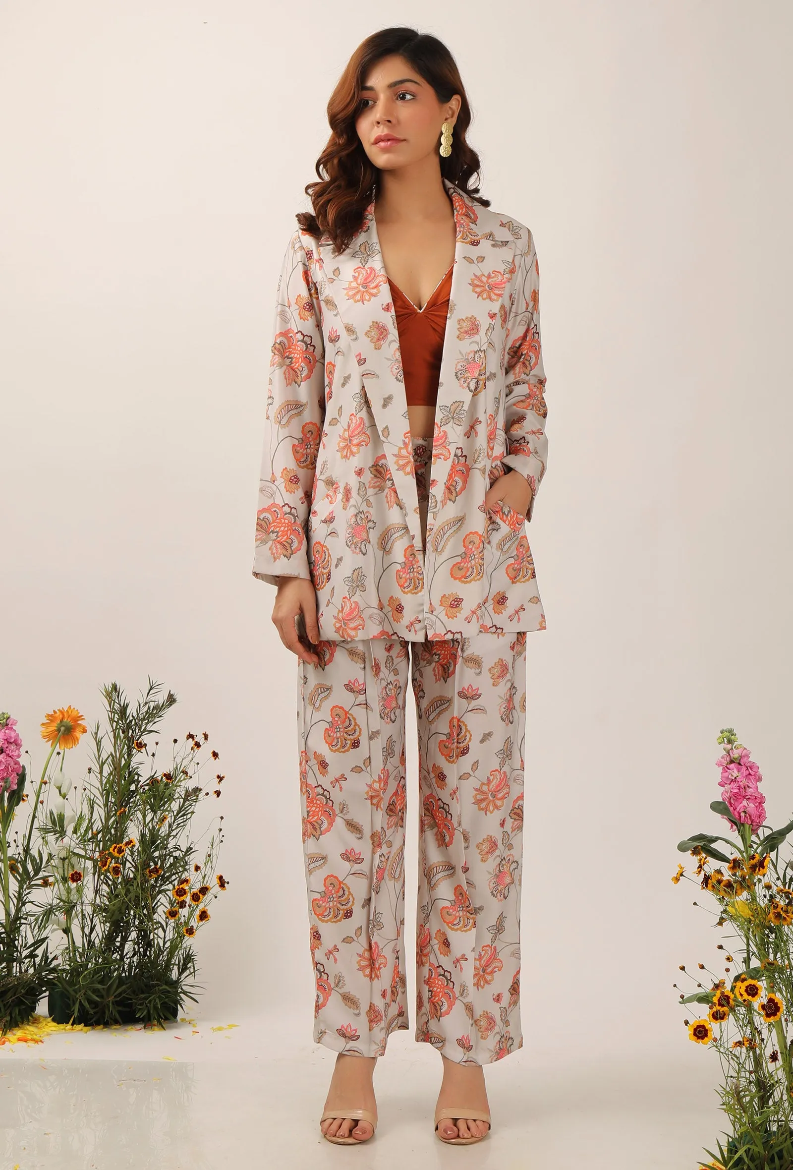 Set Of 3: Cara Floral Chintz Summer Blazer With Bustier Top & Trouser Pant