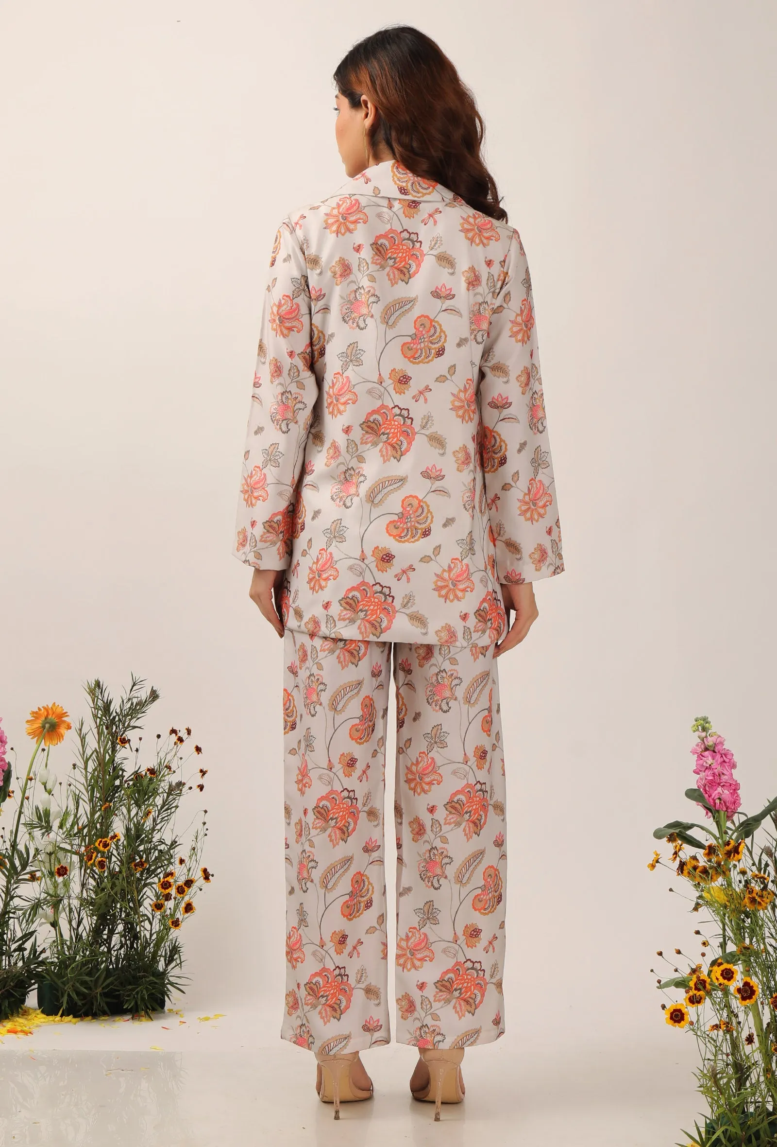 Set Of 3: Cara Floral Chintz Summer Blazer With Bustier Top & Trouser Pant