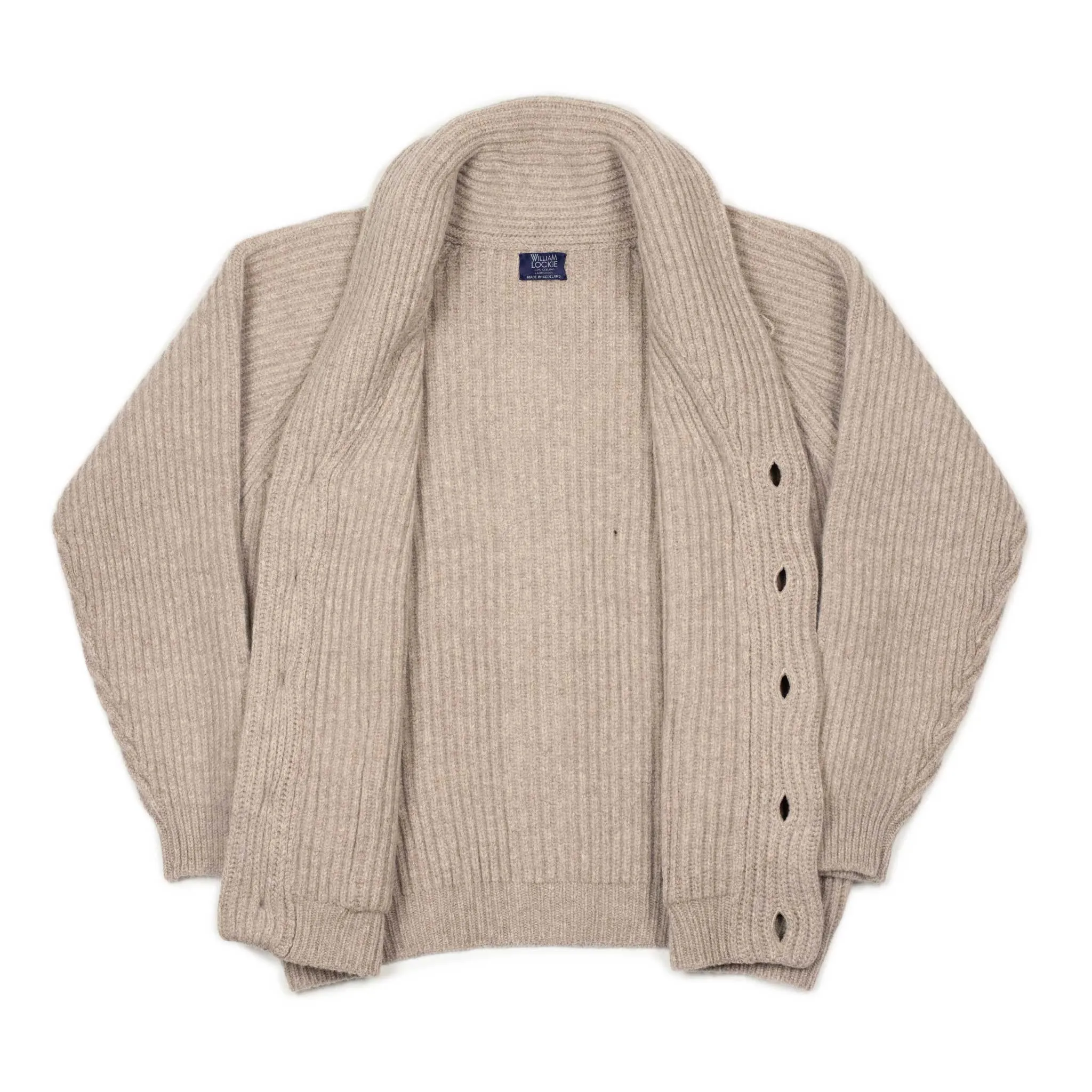 Shawl collar 4-ply cardigan jacket in Cobble beige supergeelong lambswool