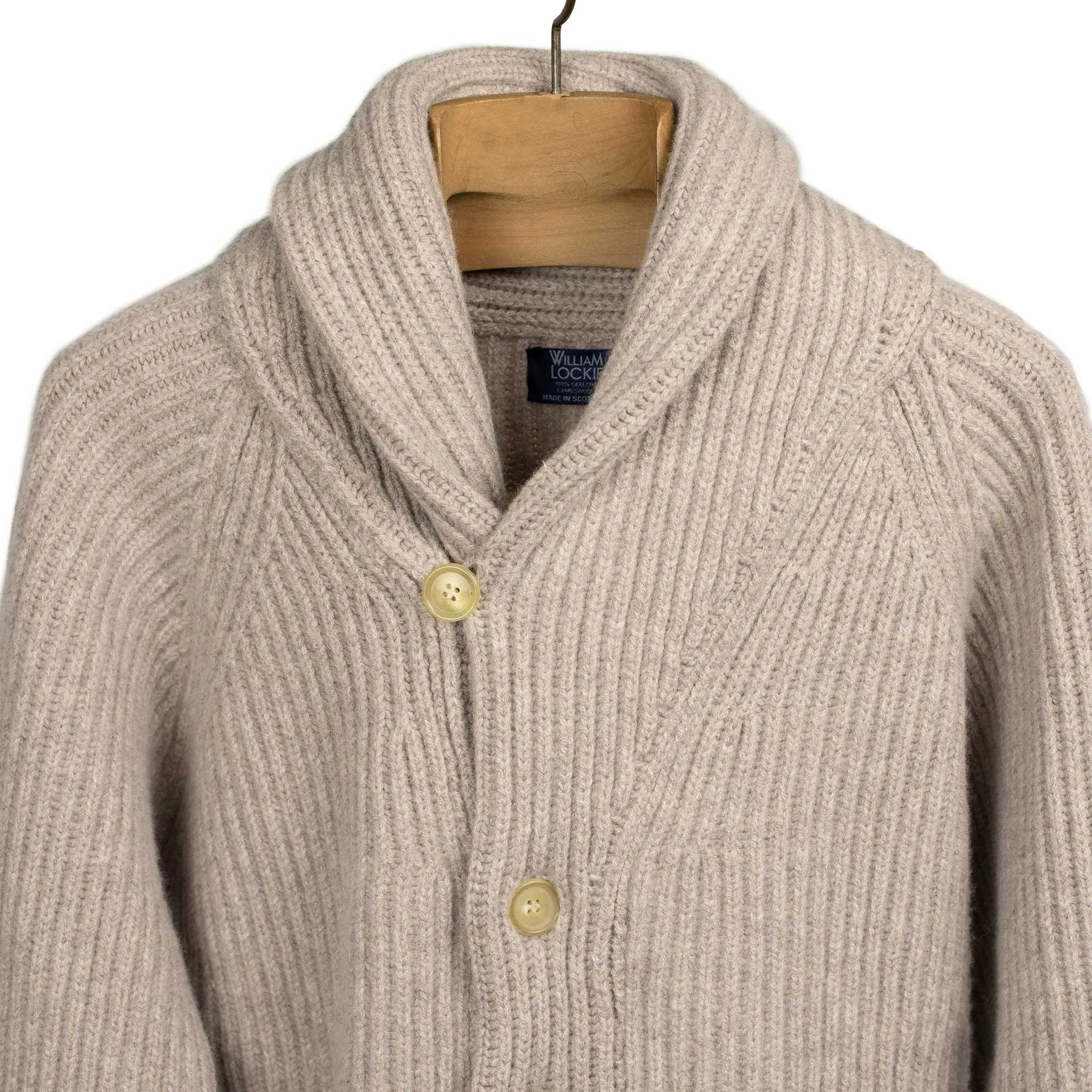 Shawl collar 4-ply cardigan jacket in Cobble beige supergeelong lambswool