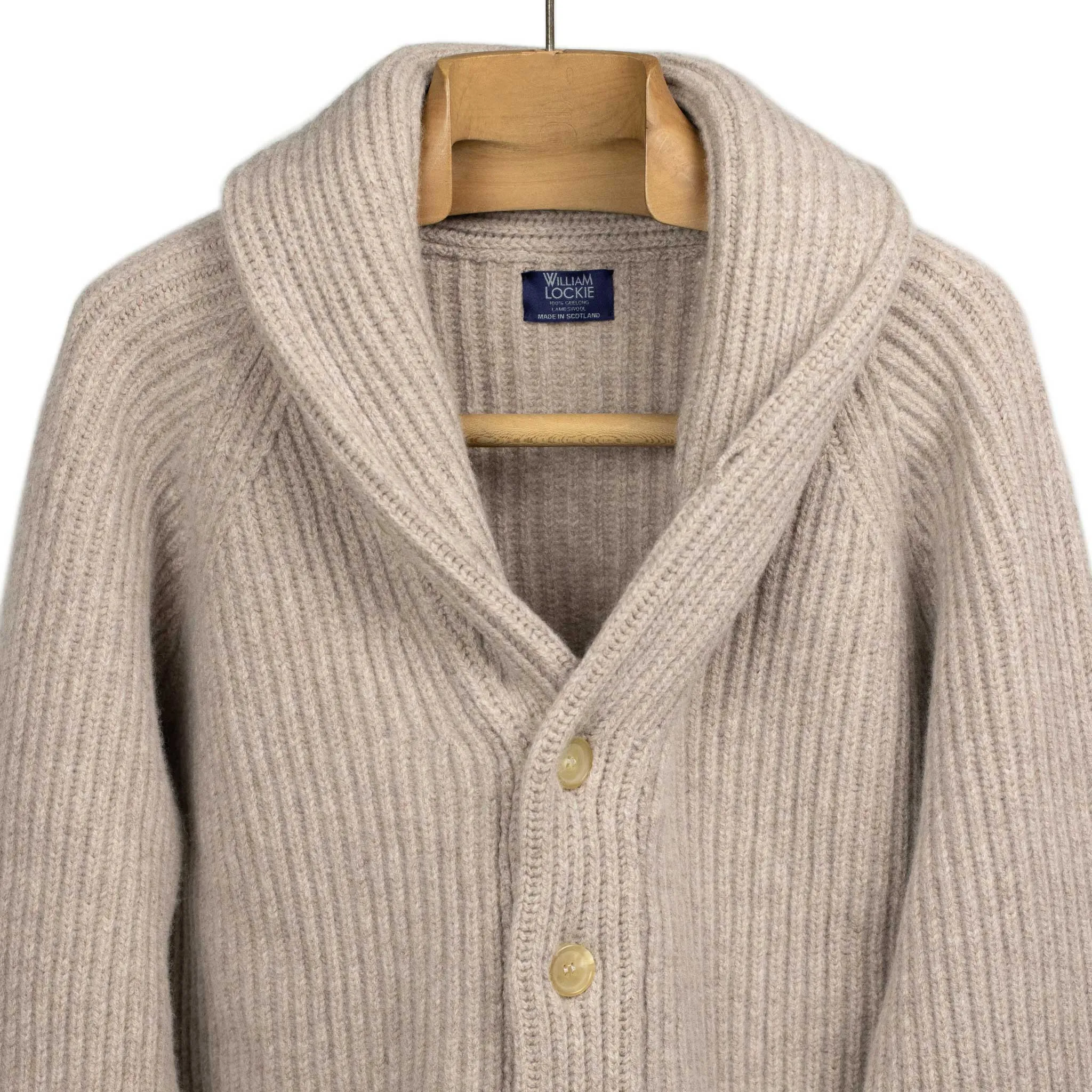 Shawl collar 4-ply cardigan jacket in Cobble beige supergeelong lambswool