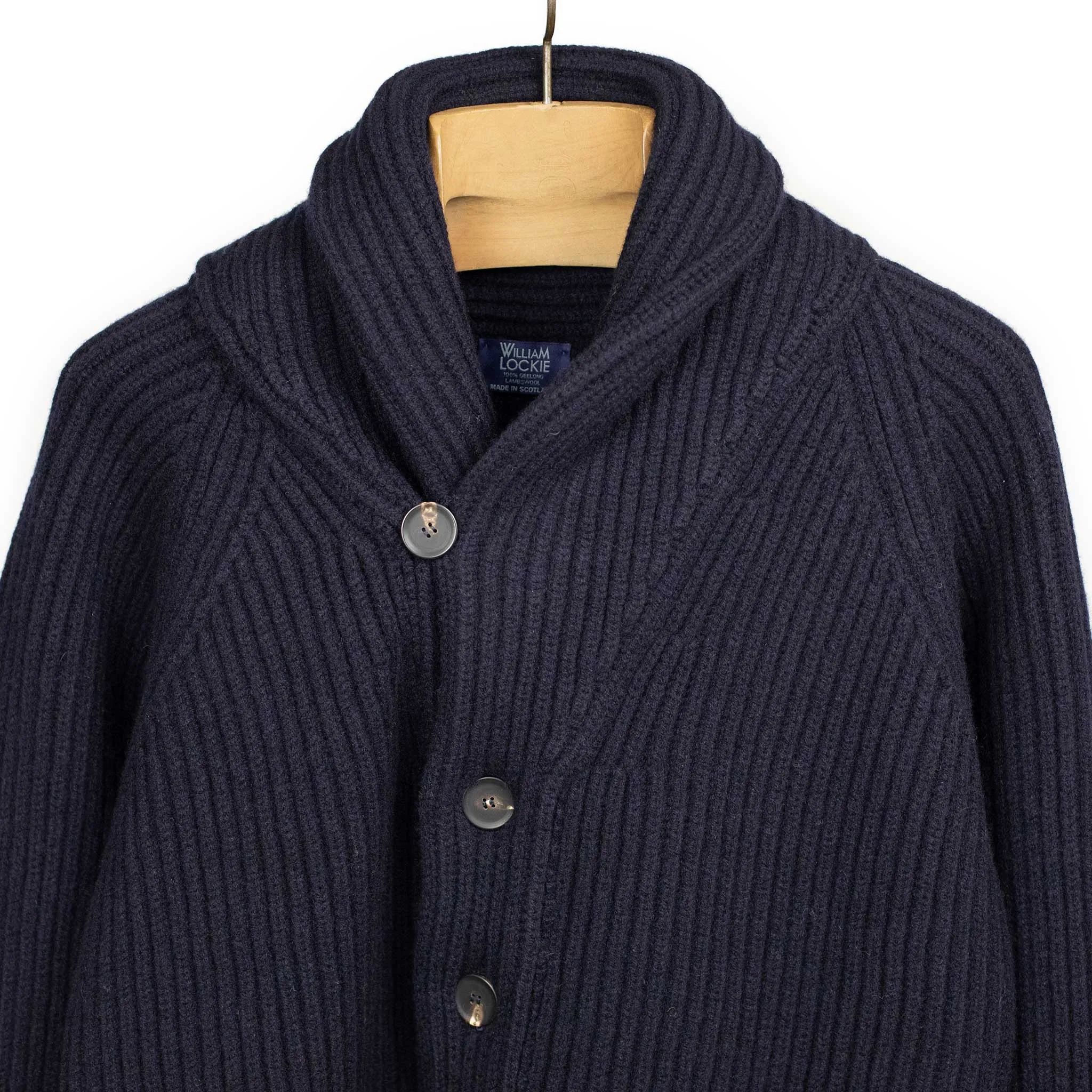 Shawl collar 4-ply cardigan jacket in Dark Navy supergeelong lambswool