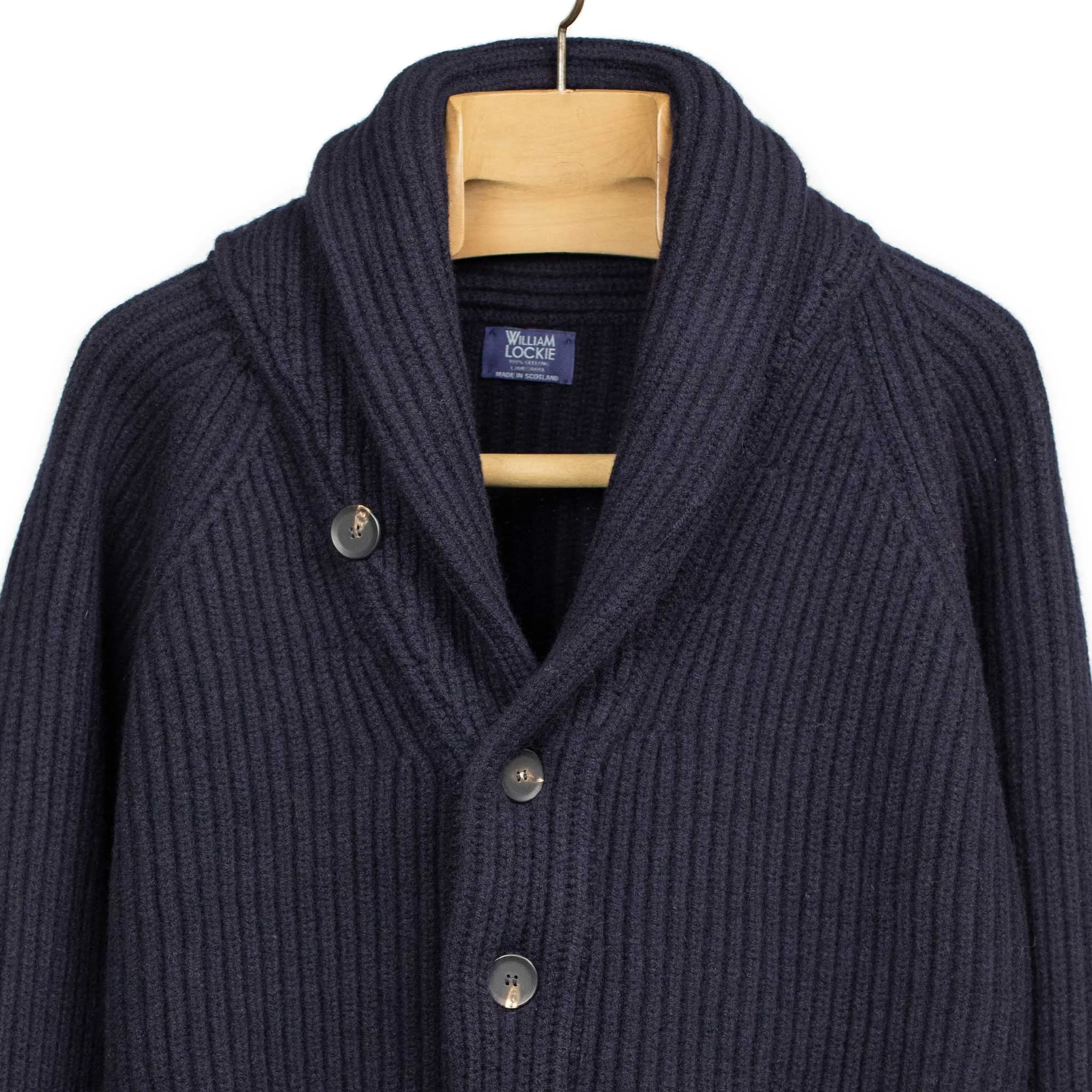 Shawl collar 4-ply cardigan jacket in Dark Navy supergeelong lambswool