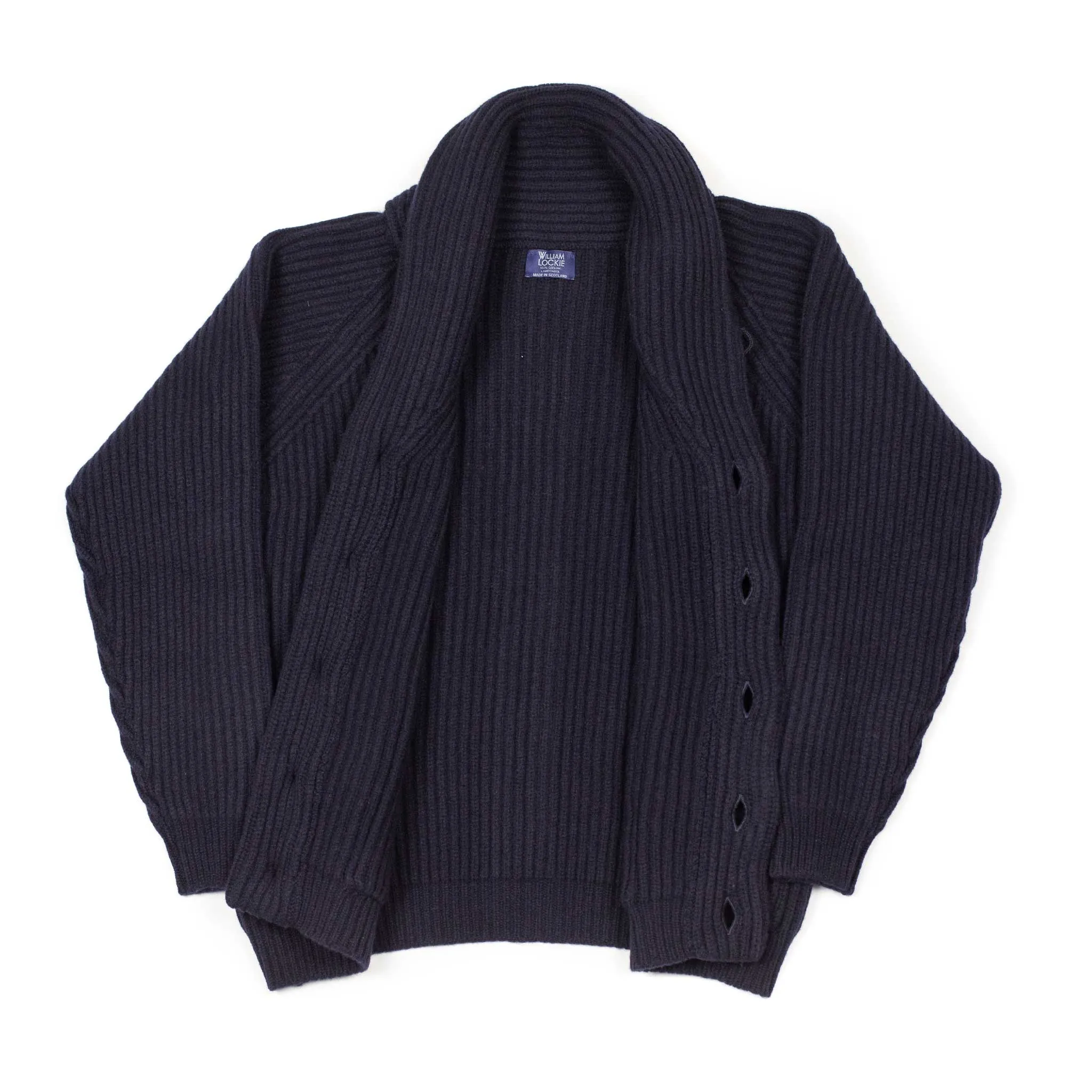 Shawl collar 4-ply cardigan jacket in Dark Navy supergeelong lambswool