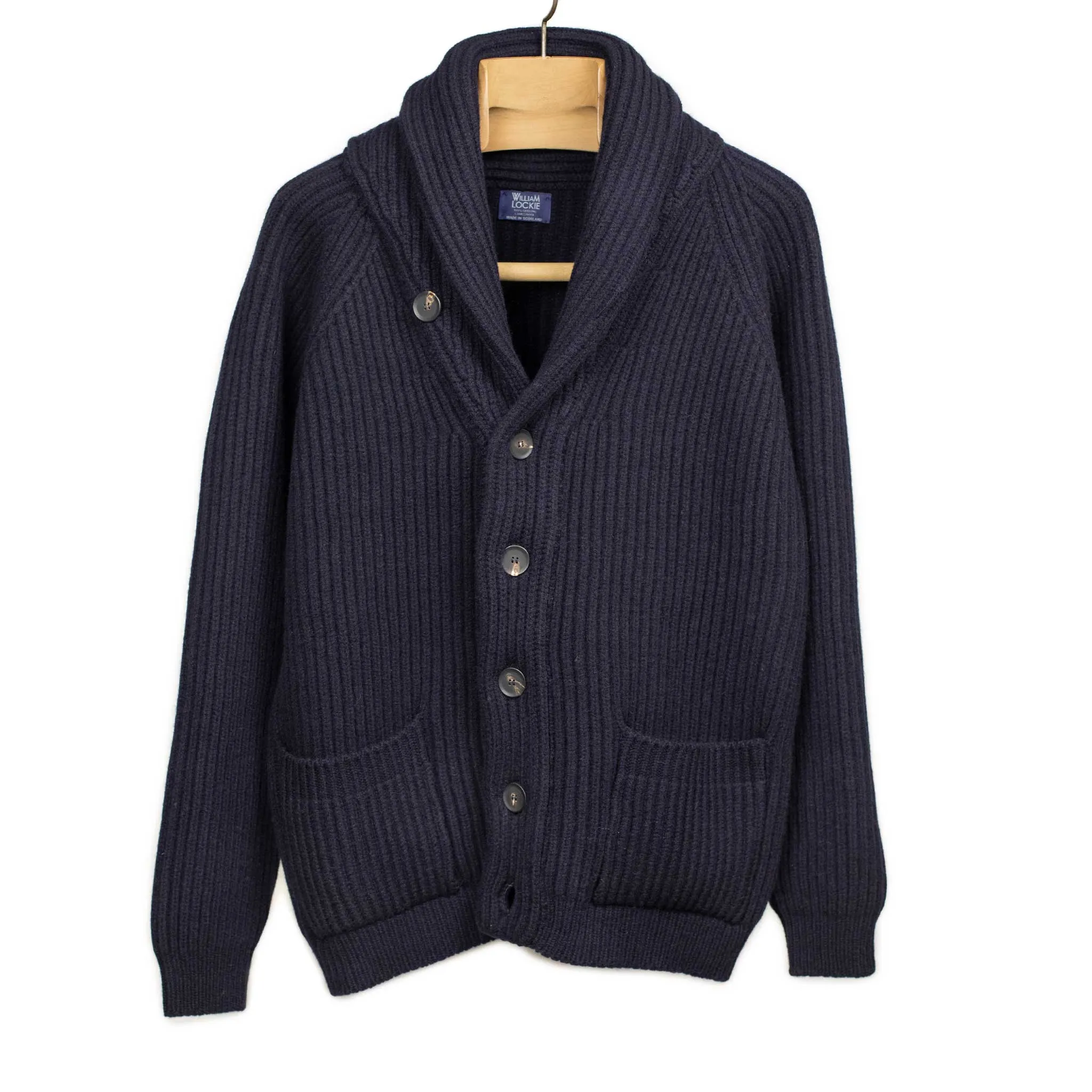 Shawl collar 4-ply cardigan jacket in Dark Navy supergeelong lambswool