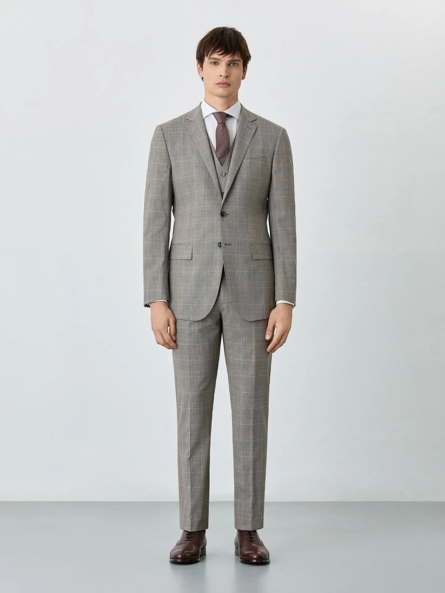 Slim Fit Prince Of Wales 3 Pieces Suit In Wool-elastane Blend