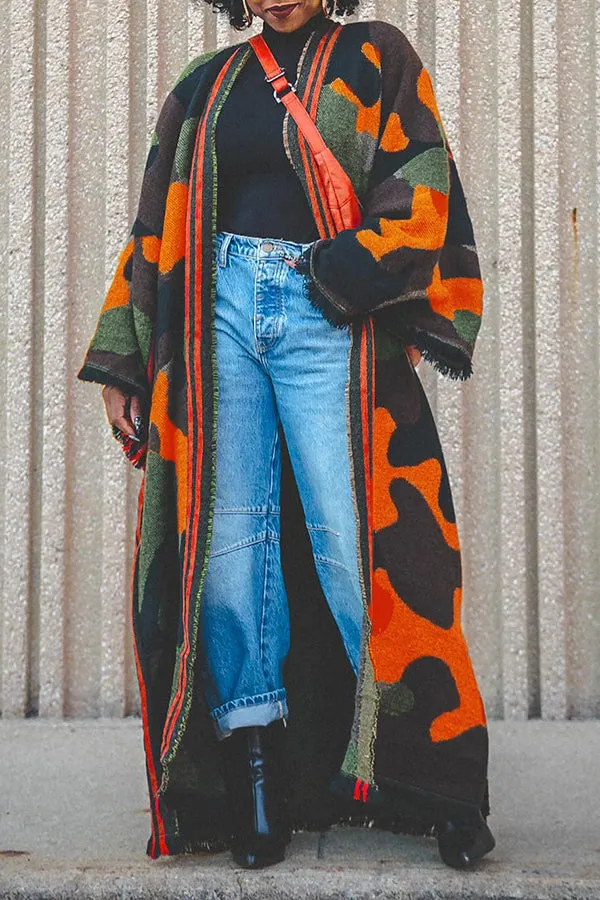 Stylish Camo Oversize Raw Trim Cardigan