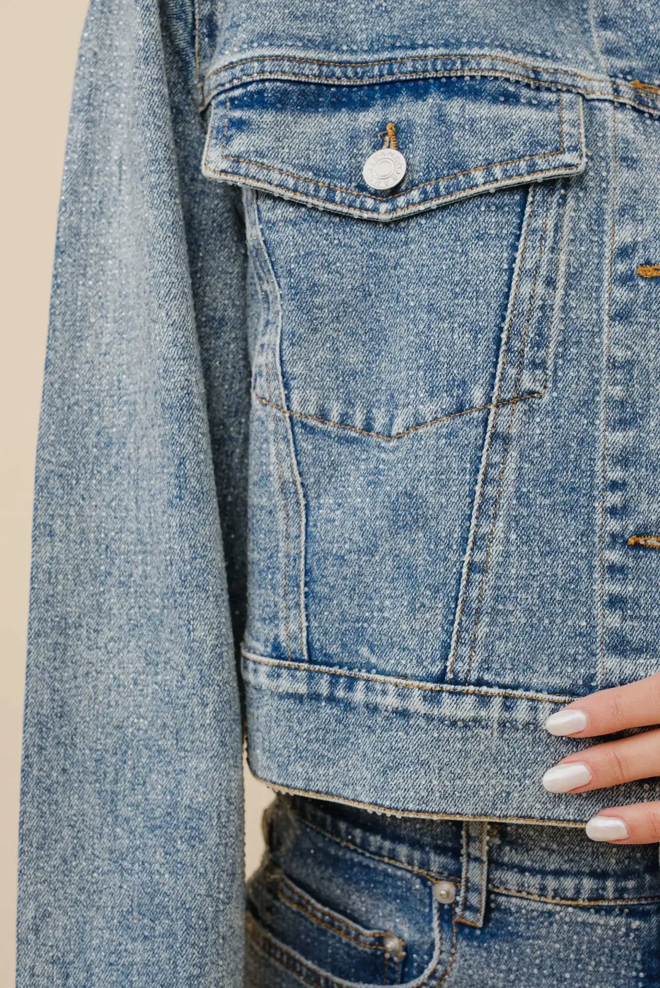 Trista Clear Crystal Crop Stretch Denim Jacket