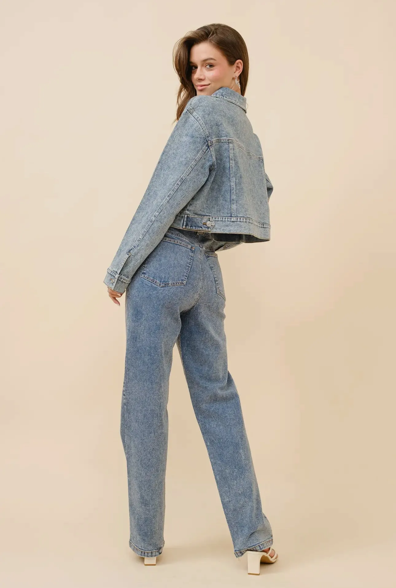 Trista Clear Crystal Crop Stretch Denim Jacket