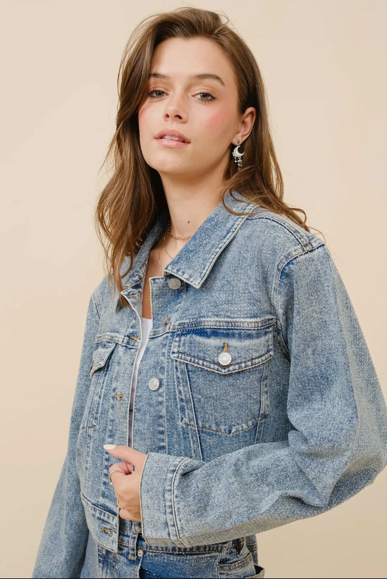 Trista Clear Crystal Crop Stretch Denim Jacket