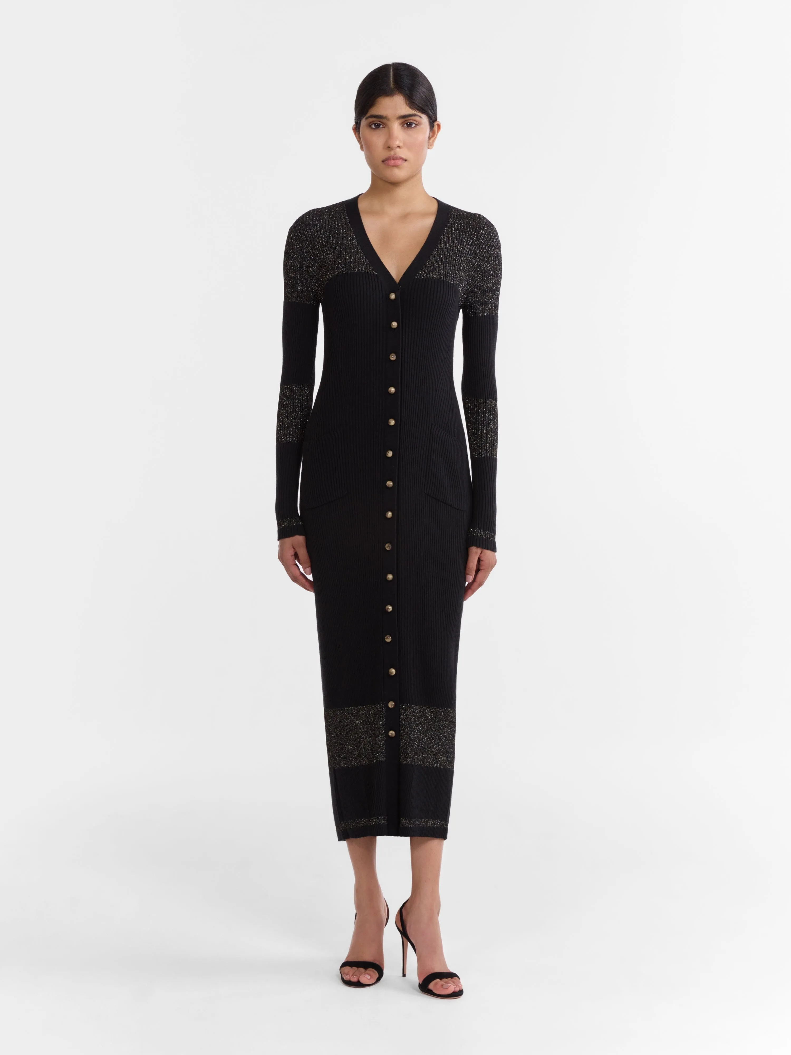 Venyx Long Rib Cardigan Dress in Black Gold